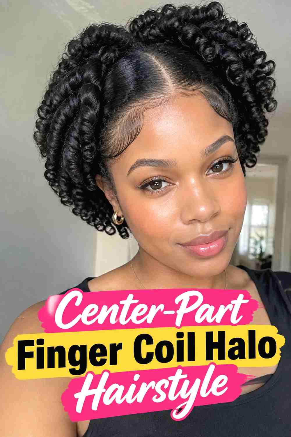 2. Center Part Finger Coil Halo Hairstyle