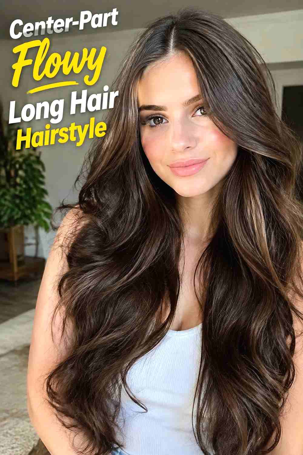 2. Center Part Flowy Long Hair Hairstyle