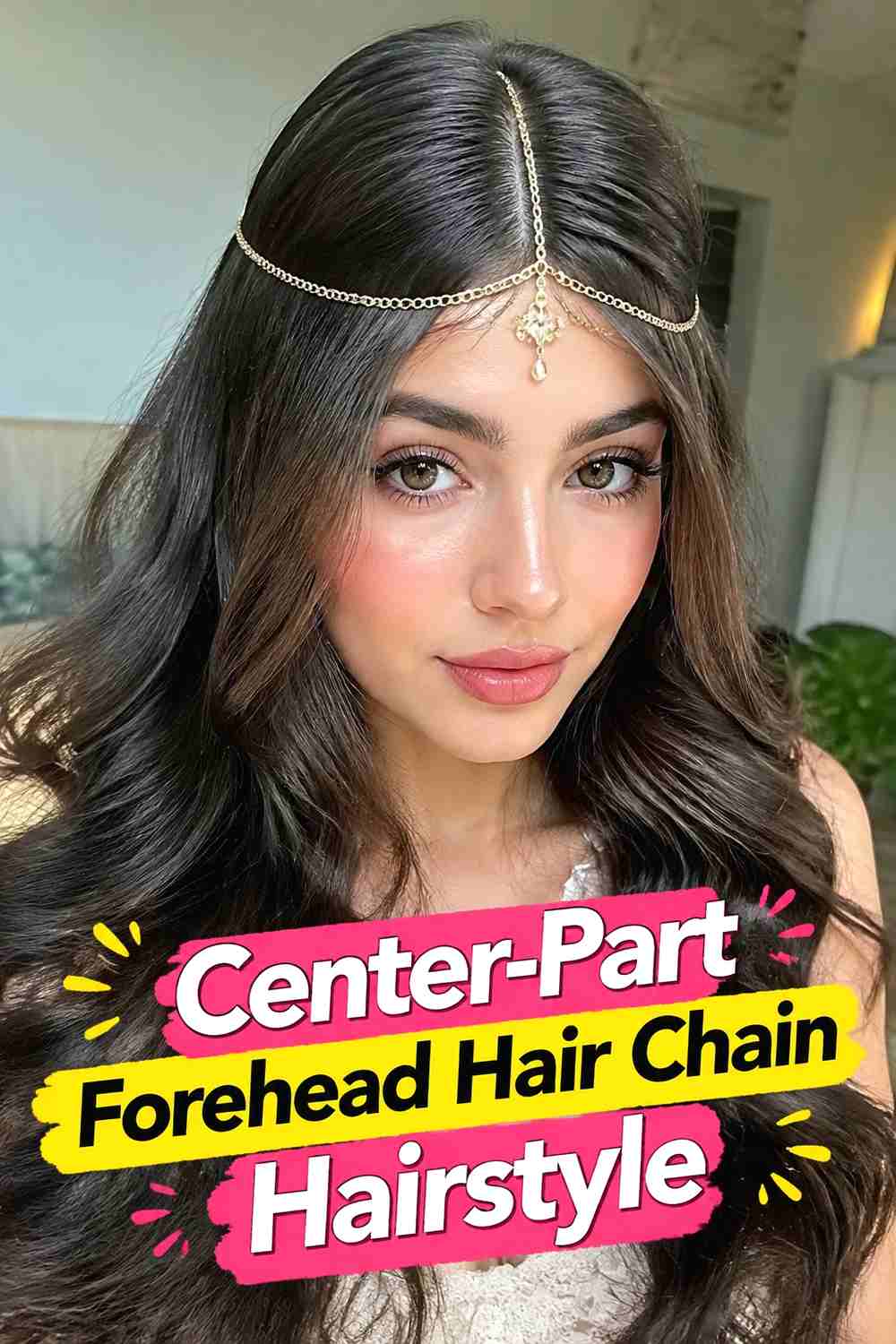 5. Center Part Forehead Hair Chain Hairstyle
