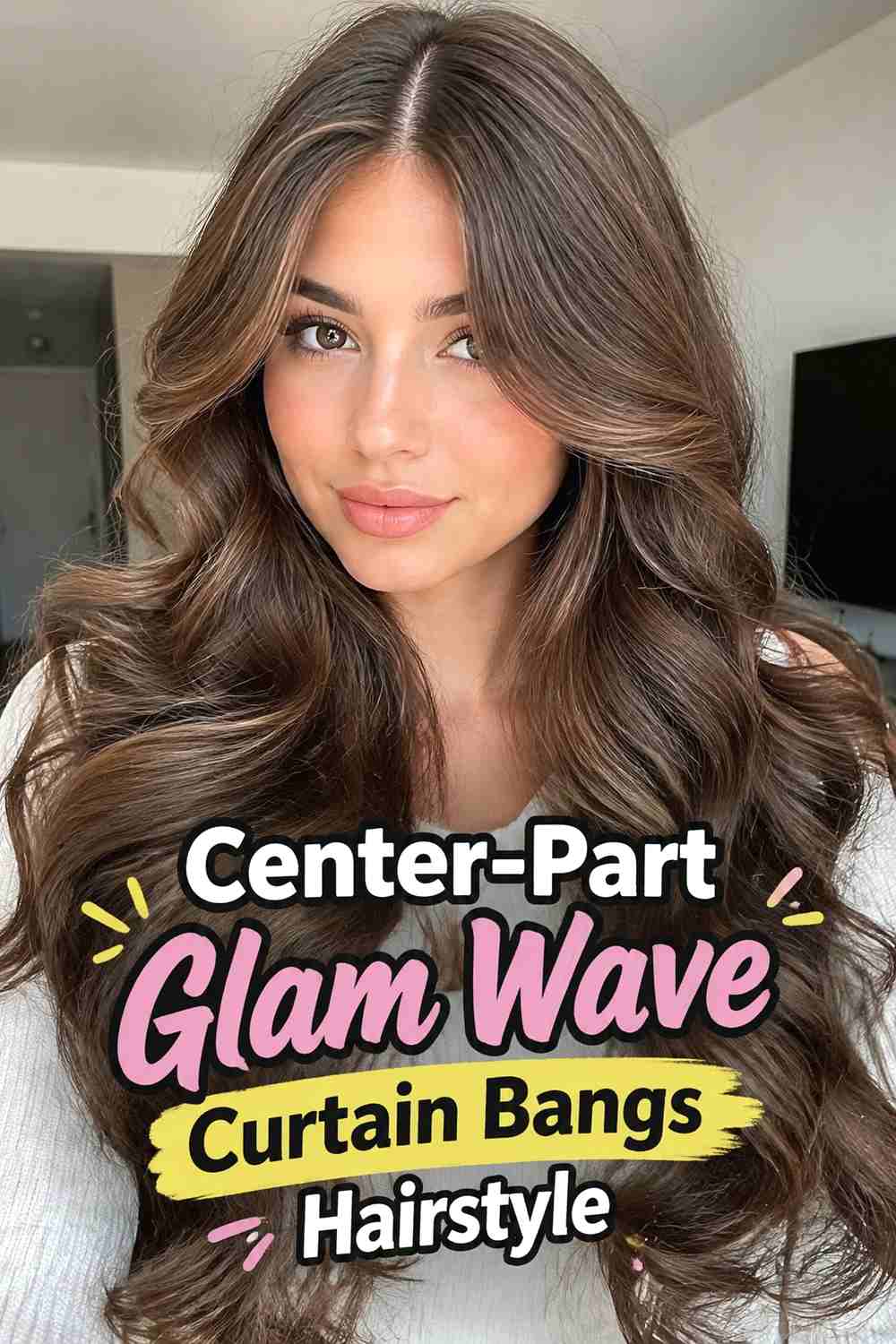 8. Center Part Glam Wave Curtain Bangs Hairstyle