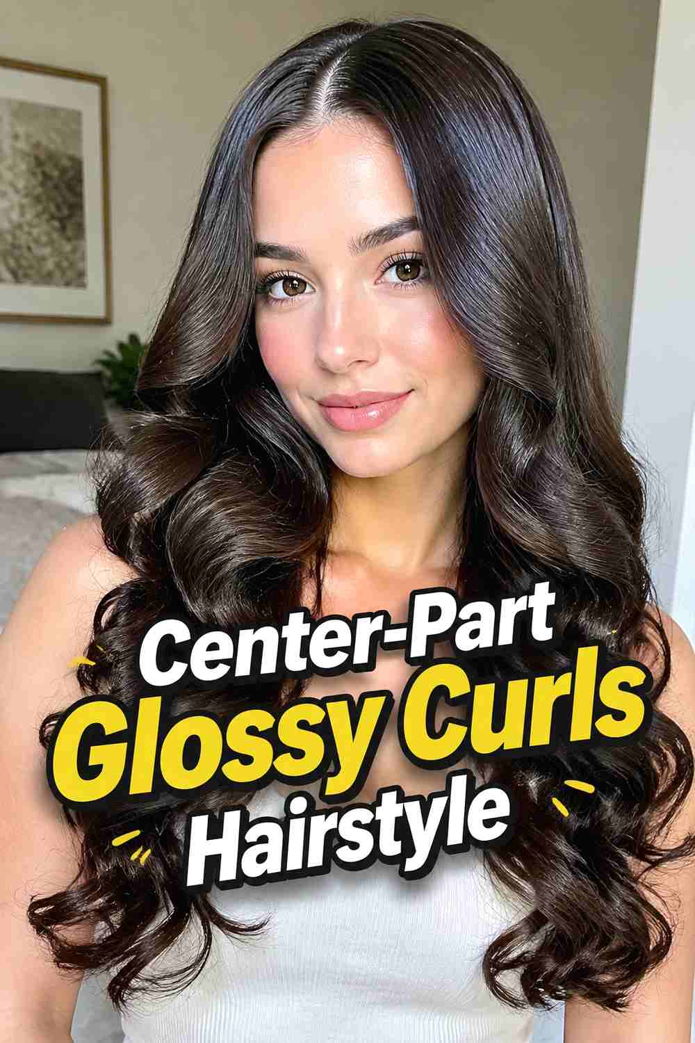 2. Center Part Glossy Curls Hairstyle