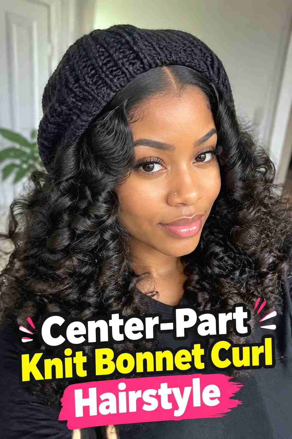 14. Center Part Knit Bonnet Curl Hairstyle