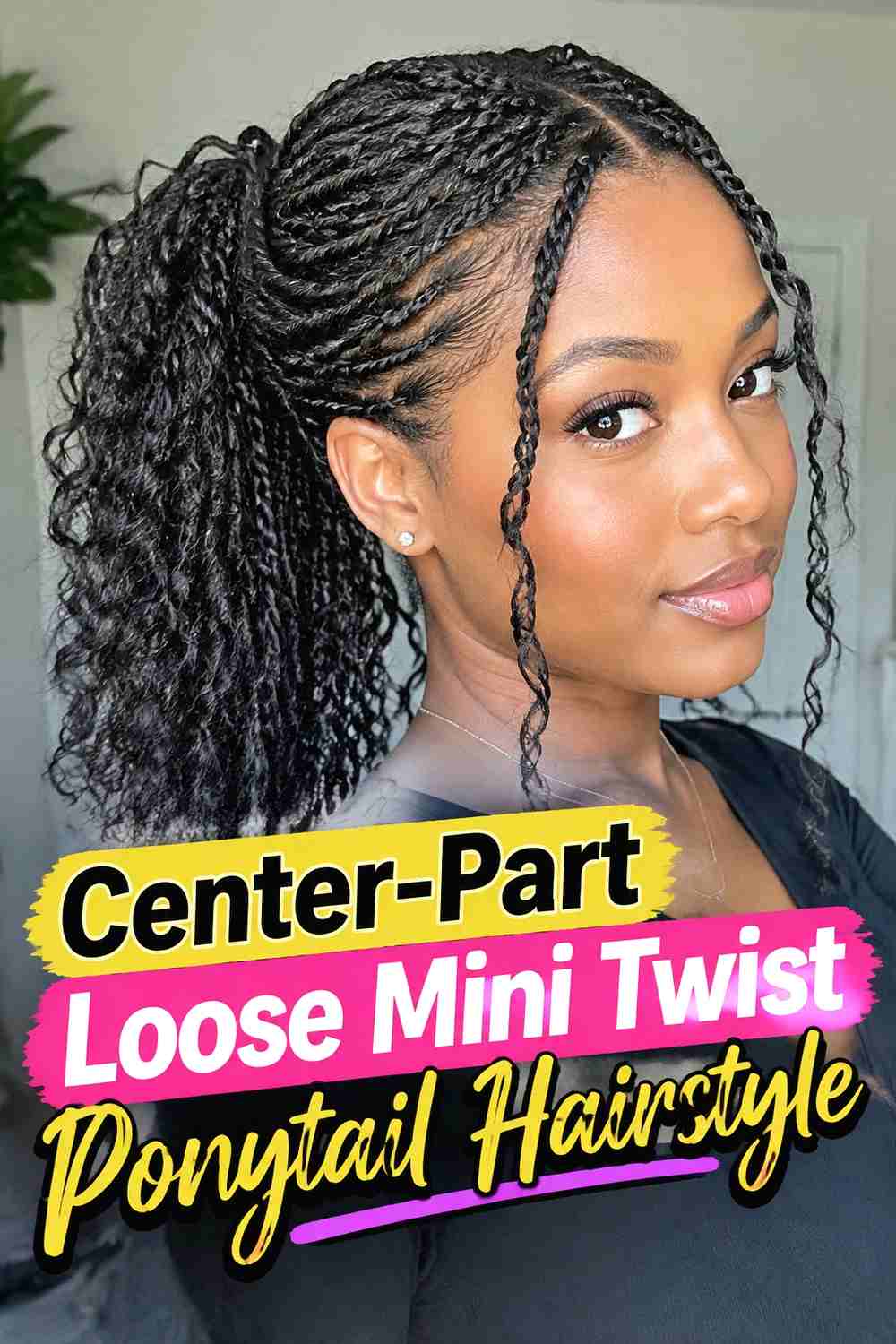 4. Center Part Loose Mini Twist Ponytail Hairstyle
