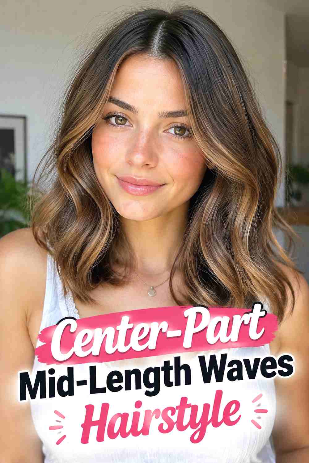 2. Center Part Mid Length Waves Hairstyle