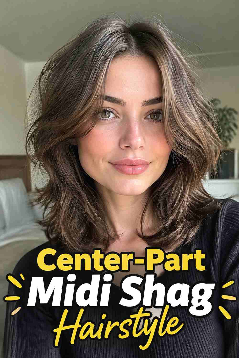 4. Center Part Midi Shag Hairstyle