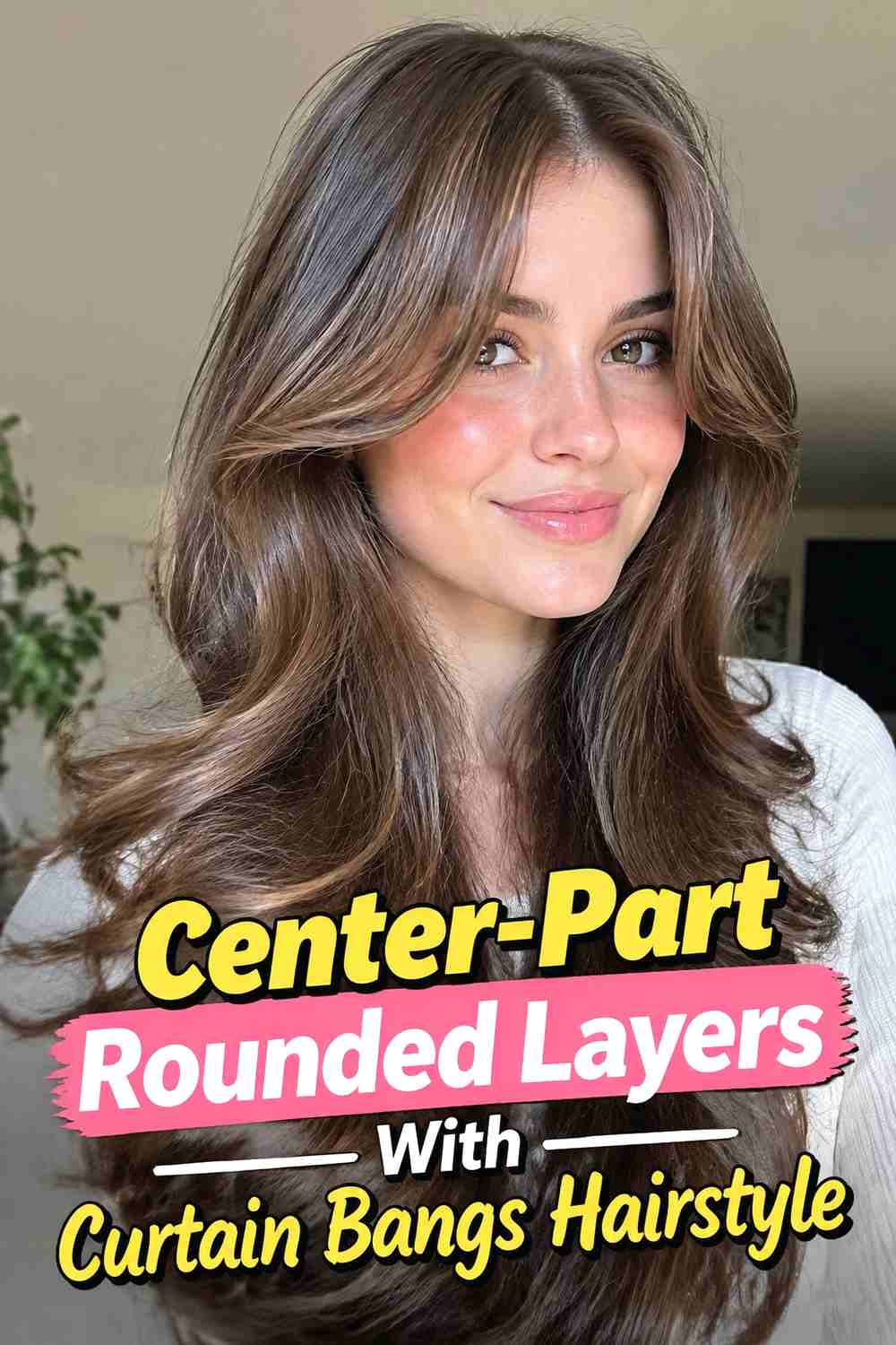 12. Center Part Rounded Layers With Curtain Bangs Hairstyle