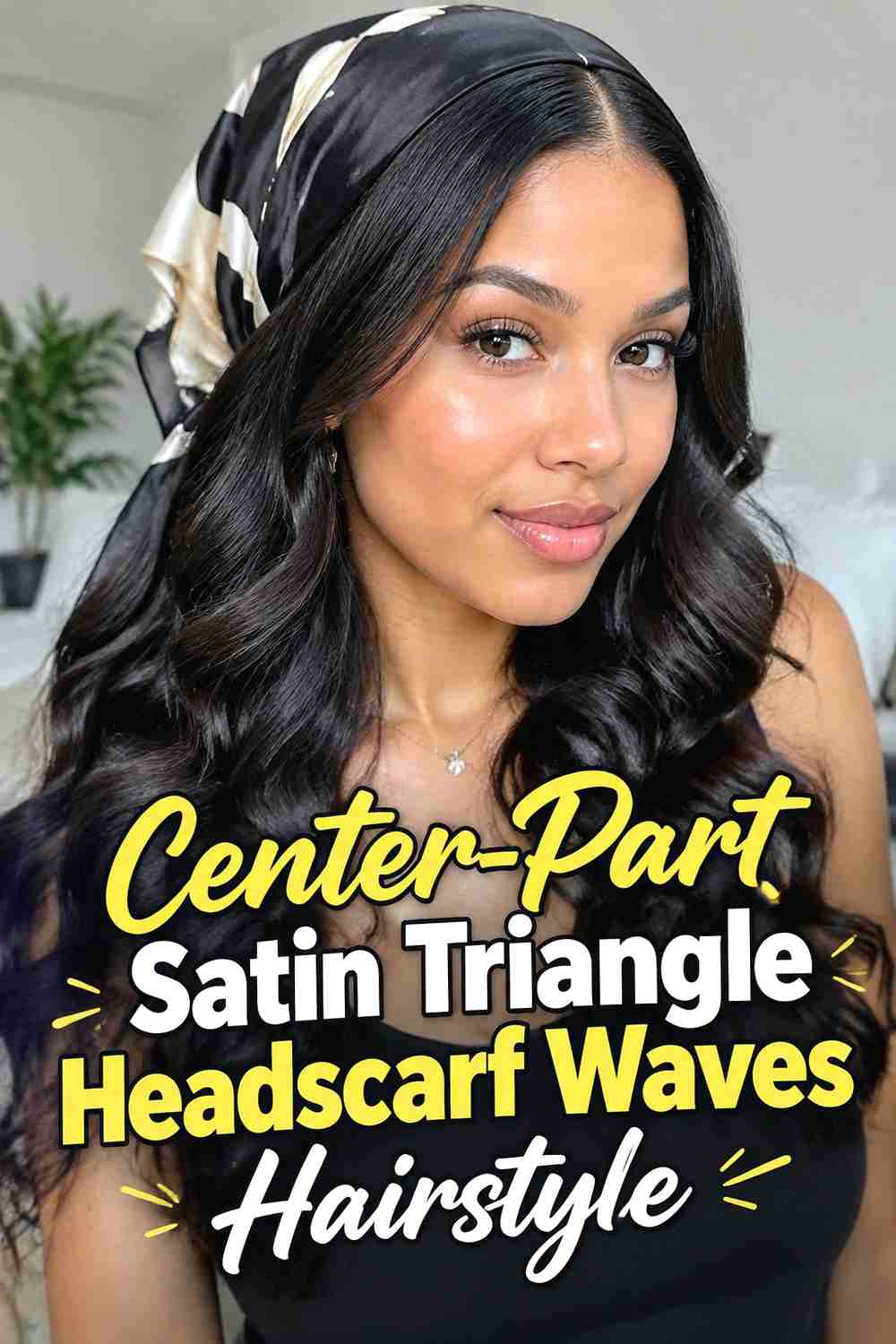 2. Center Part Satin Triangle Headscarf Waves Hairstyle