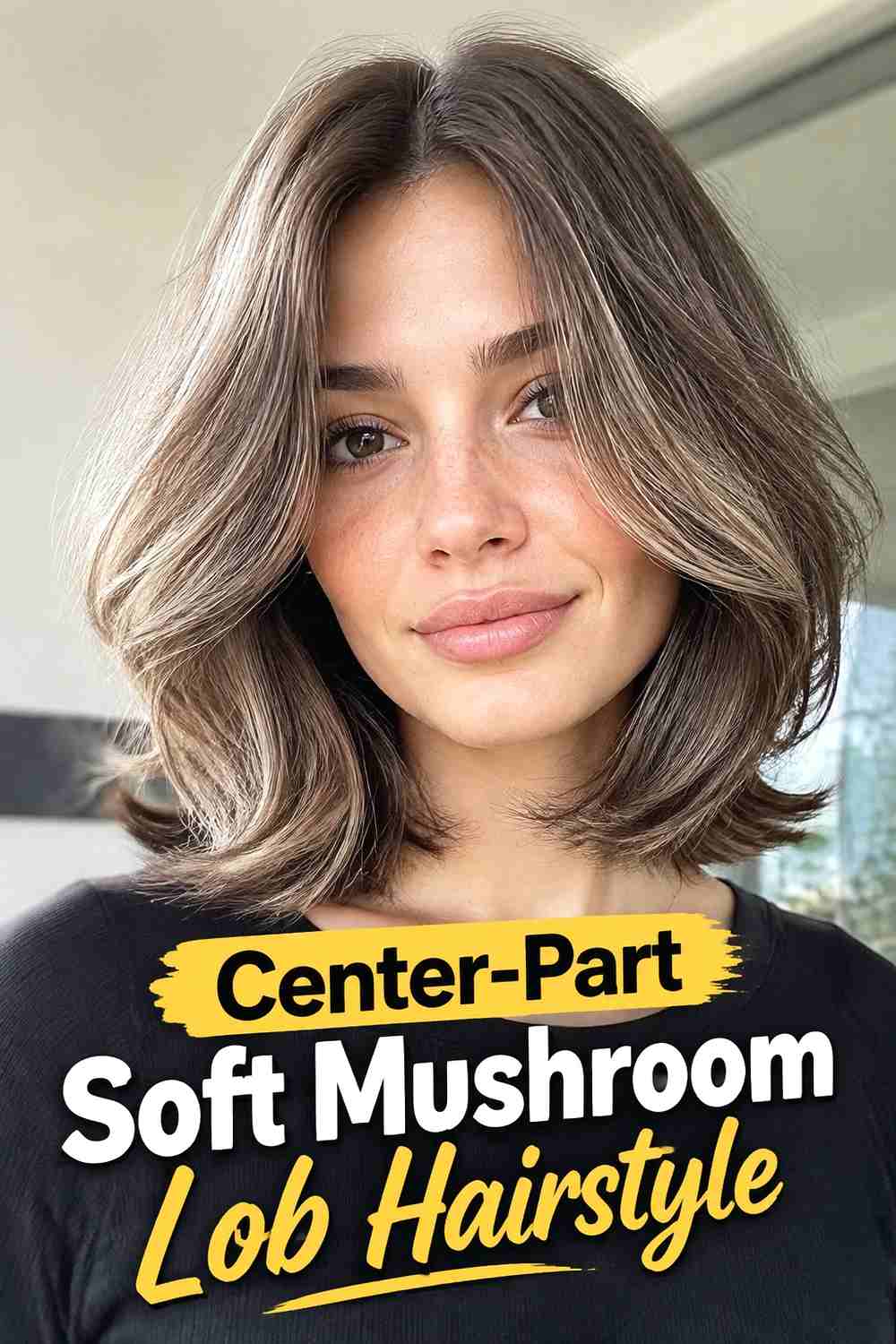 2. Center Part Soft Mushroom Lob Hairstyle