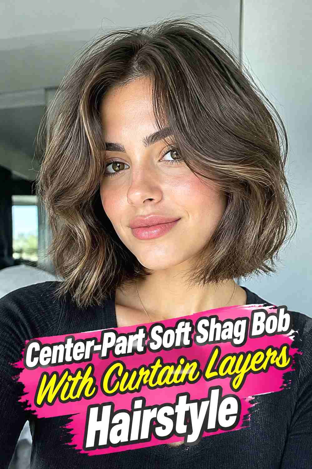 15. Center Part Soft Shag Bob With Curtain Layers Hairstyle