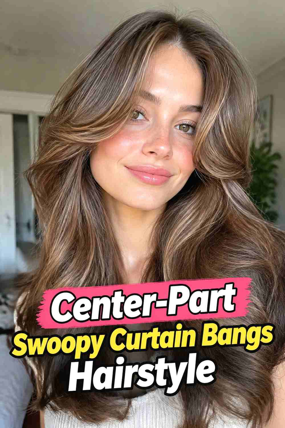 4. Center Part Swoopy Curtain Bangs Hairstyle