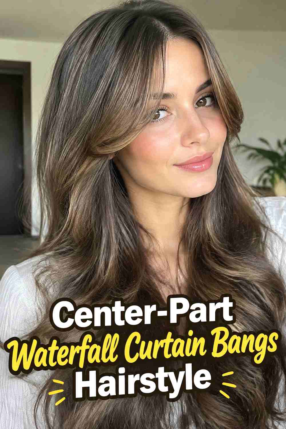 9. Center Part Waterfall Curtain Bangs Hairstyle