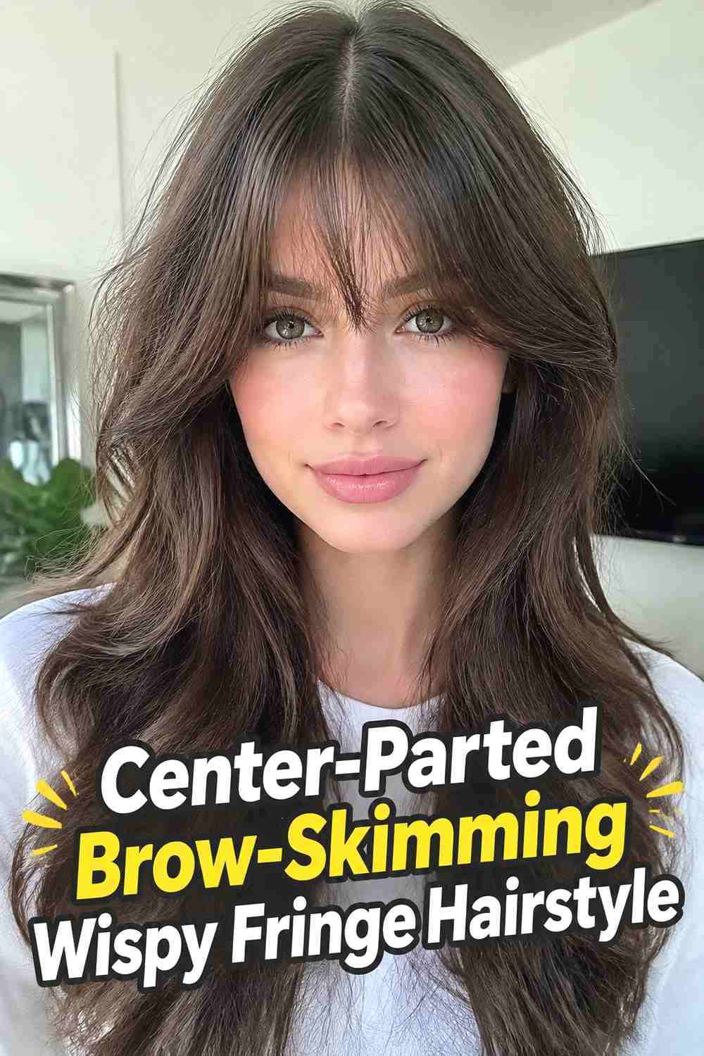 5. Center Parted Brow Skimming Wispy Fringe Hairstyle
