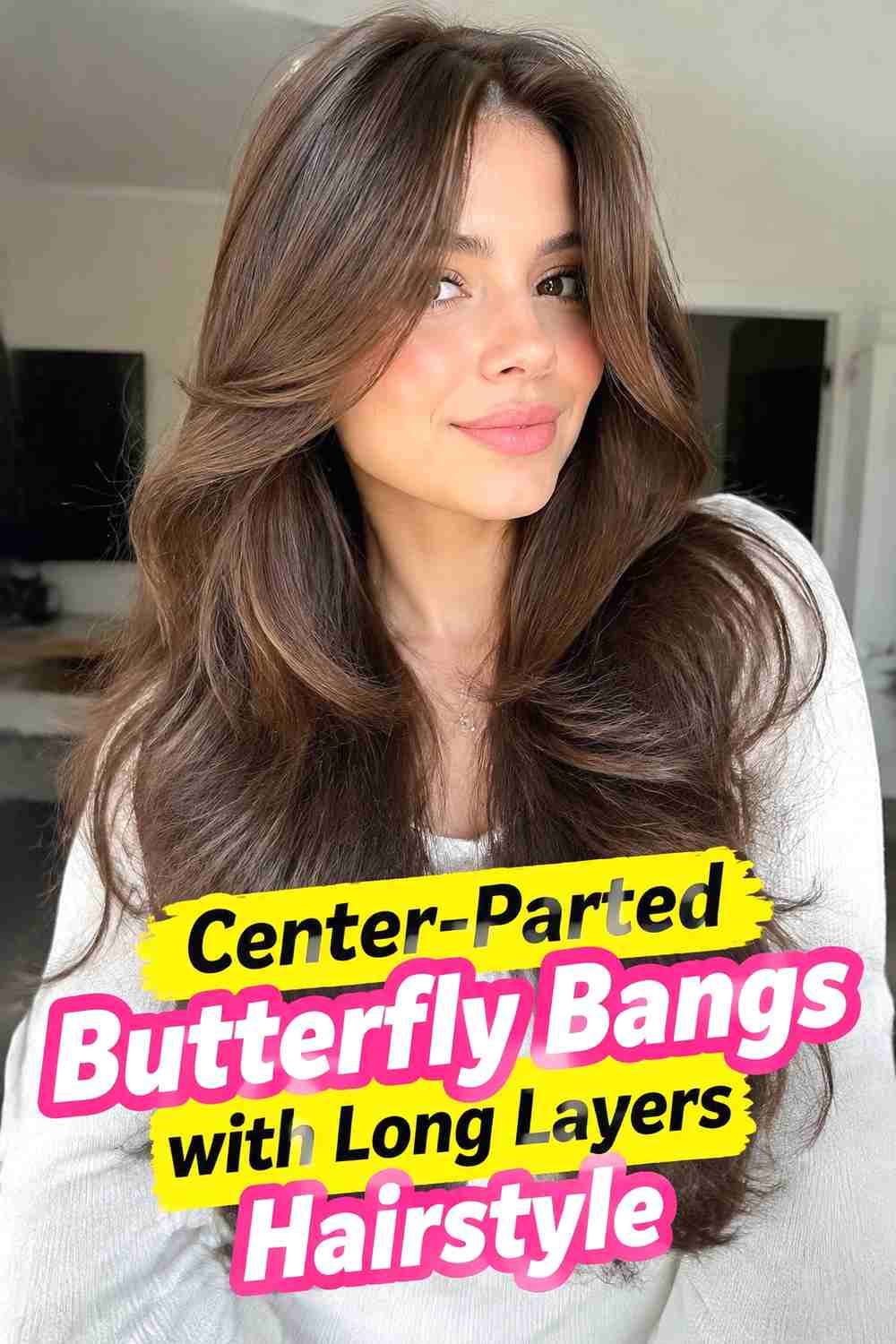 9. Center Parted Butterfly Bangs With Long Layers Hairstyle