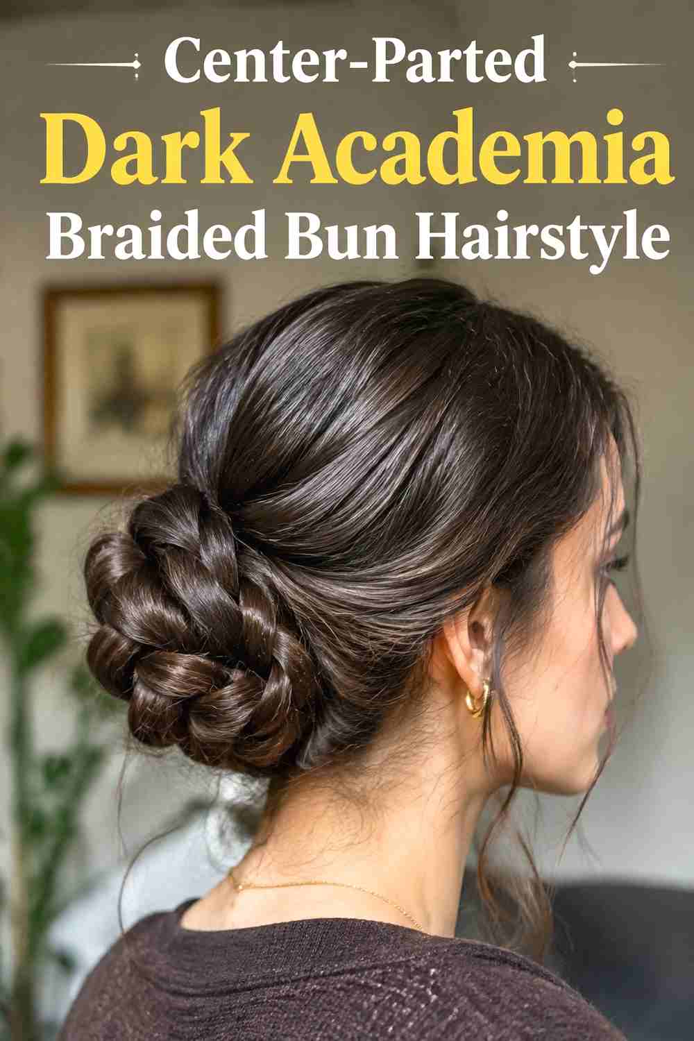 3. Center Parted Dark Academia Braided Bun Hairstyle