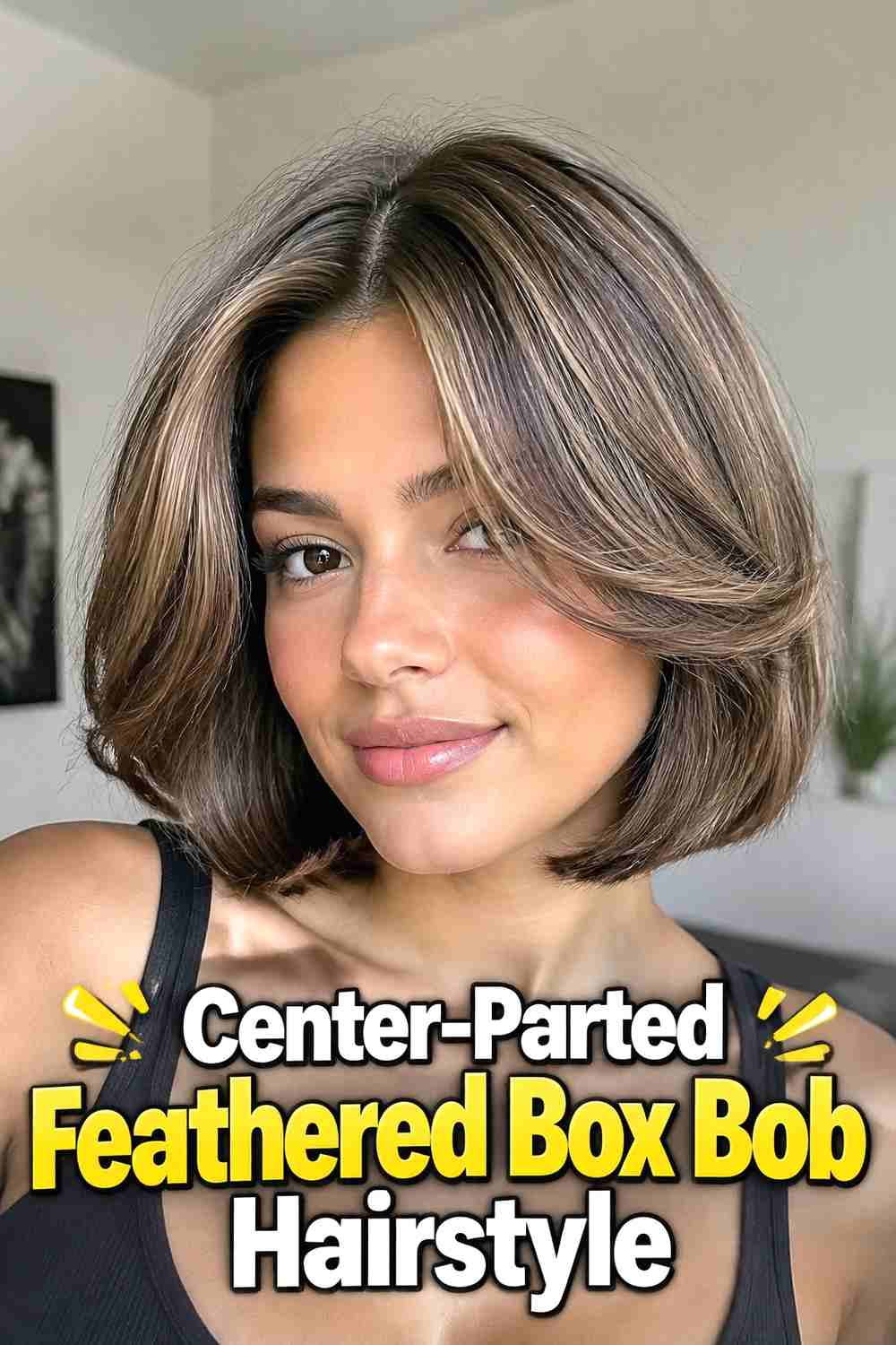 6. Center Parted Feathered Box Bob Hairstyle