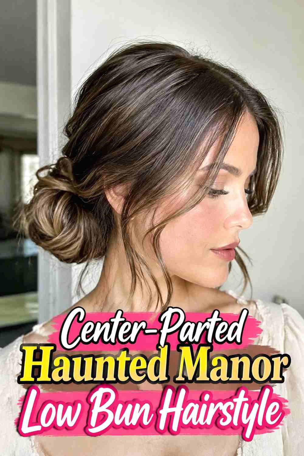 6. Center Parted Haunted Manor Low Bun Hairstyle
