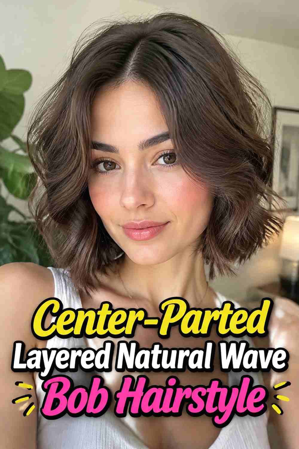 5. Center Parted Layered Natural Wave Bob Hairstyle