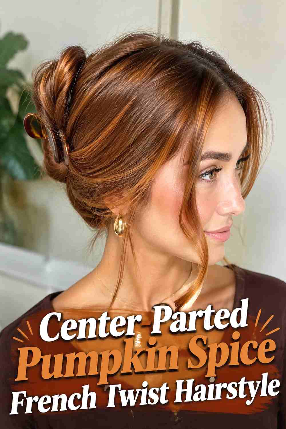 3. Center Parted Pumpkin Spice French Twist Hairstyle