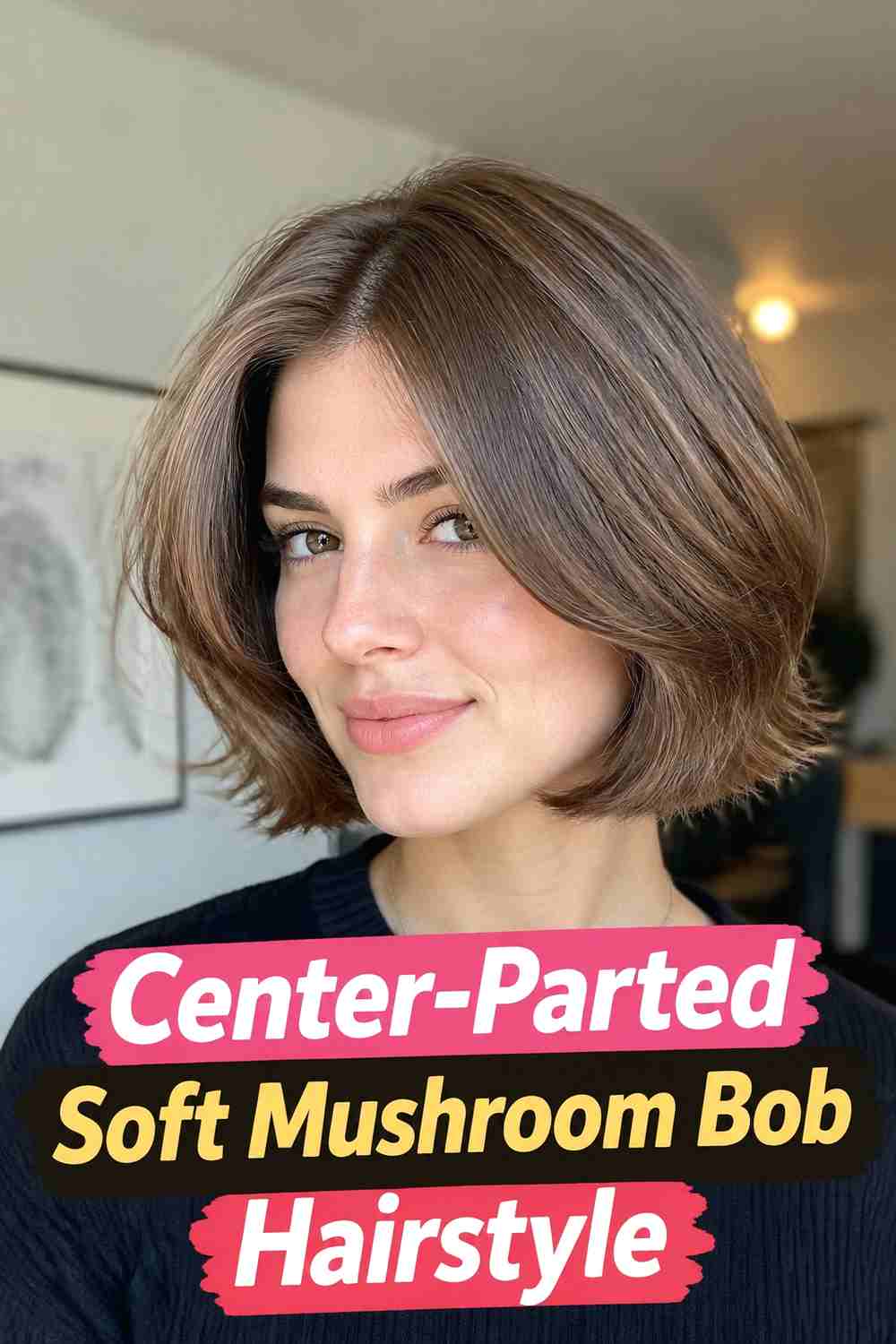 7. Center Parted Soft Mushroom Bob Hairstyle