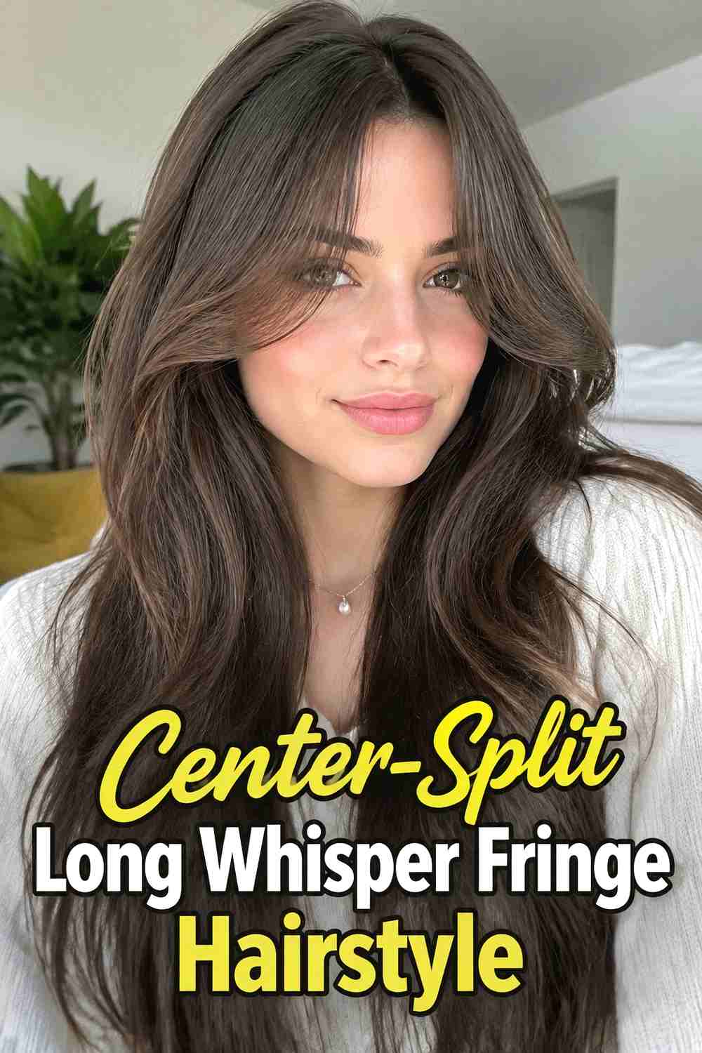 8. Center Split Long Whisper Fringe Hairstyle