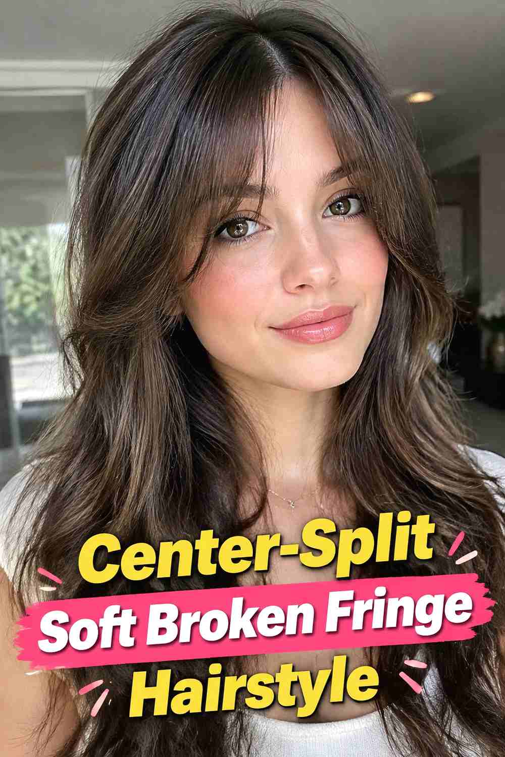 11. Center Split Soft Broken Fringe Hairstyle