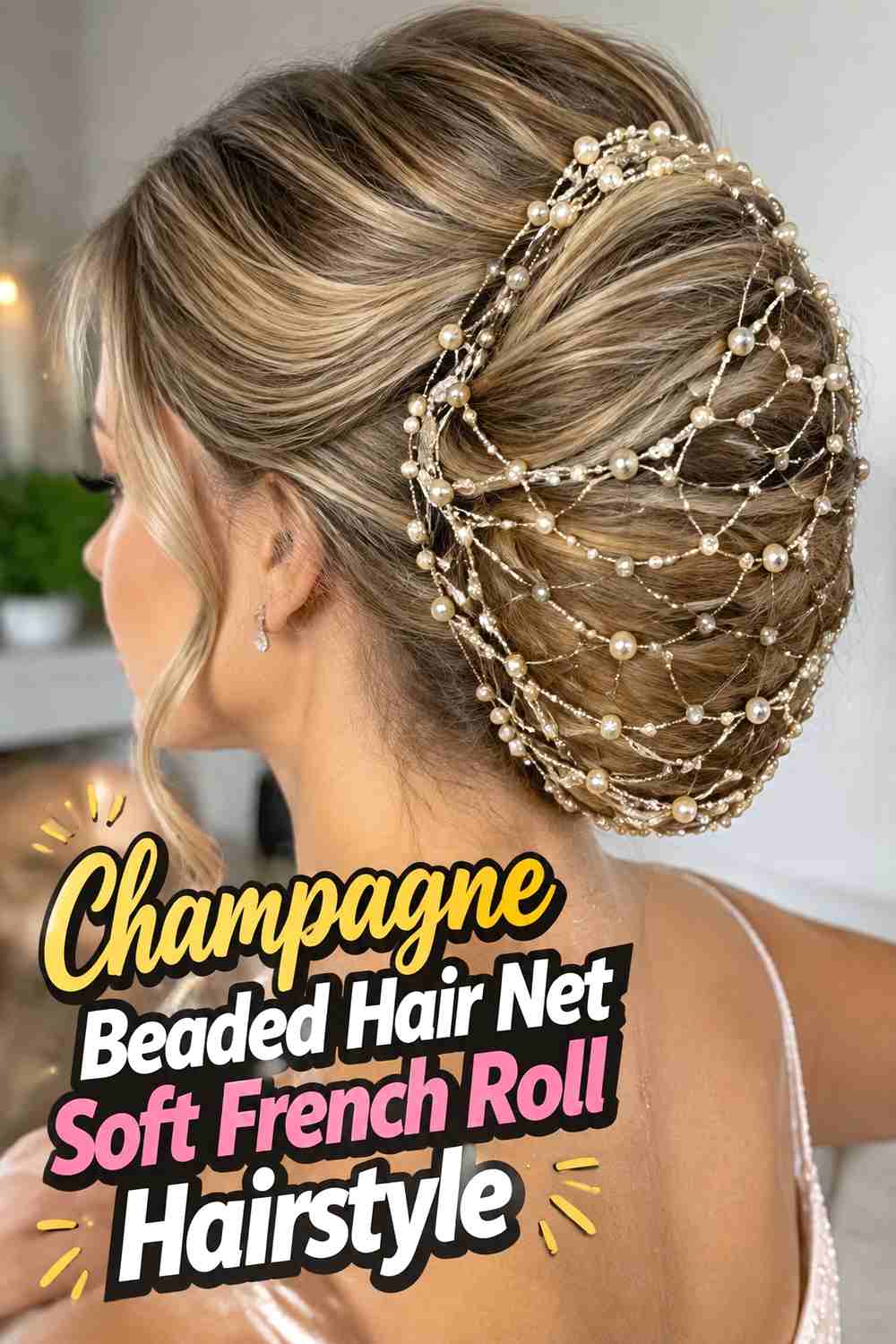 6. Champagne Beaded Hair Net Soft French Roll Hairstyle