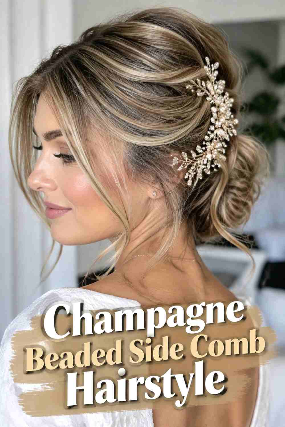 5. Champagne Beaded Side Comb Hairstyle