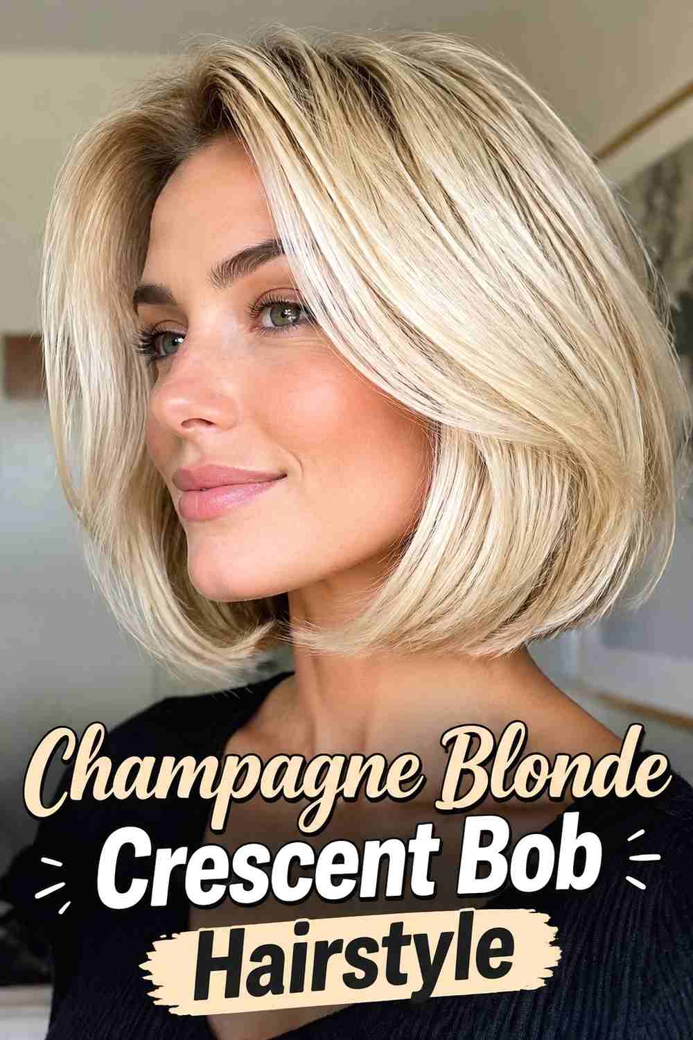9. Champagne Blonde Crescent Bob Hairstyle