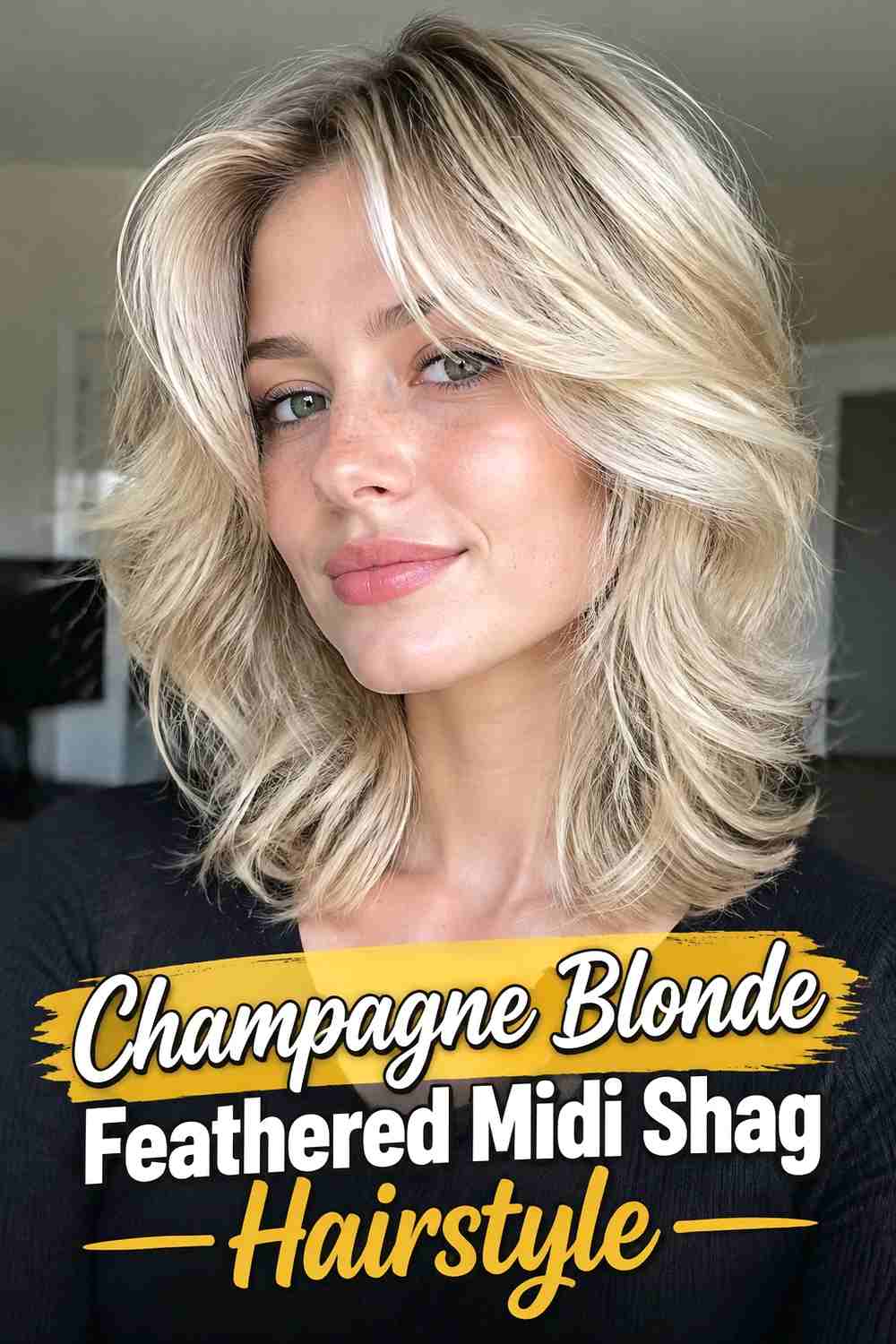 9. Champagne Blonde Feathered Midi Shag Hairstyle
