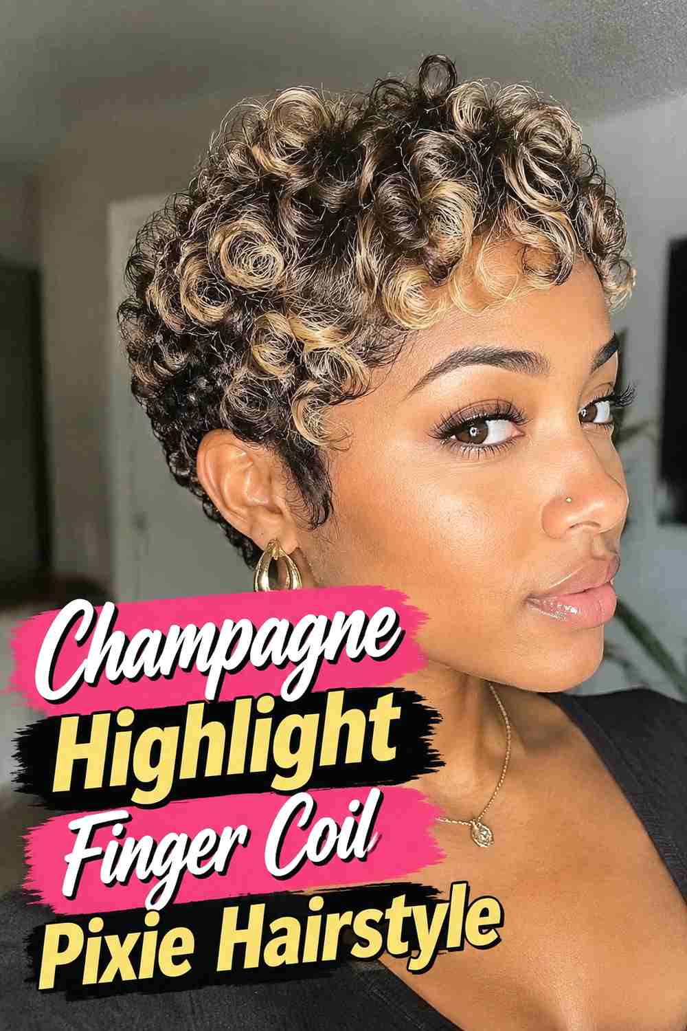 10. Champagne Highlight Finger Coil Pixie Hairstyle
