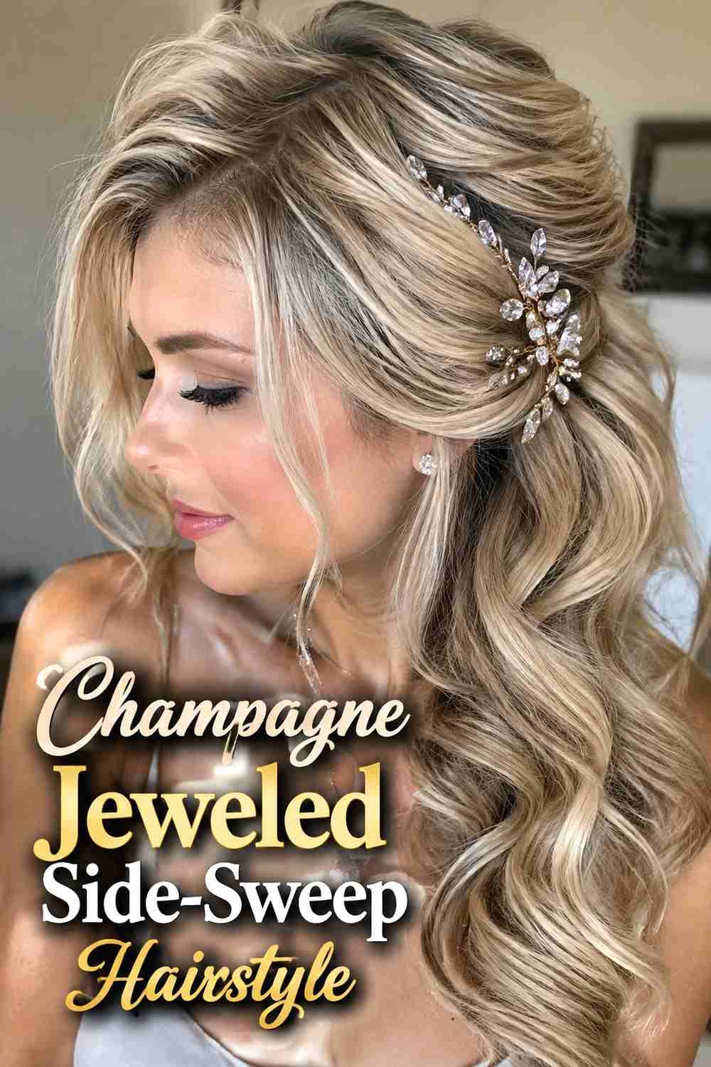 6. Champagne Jeweled Side Sweep Hairstyle