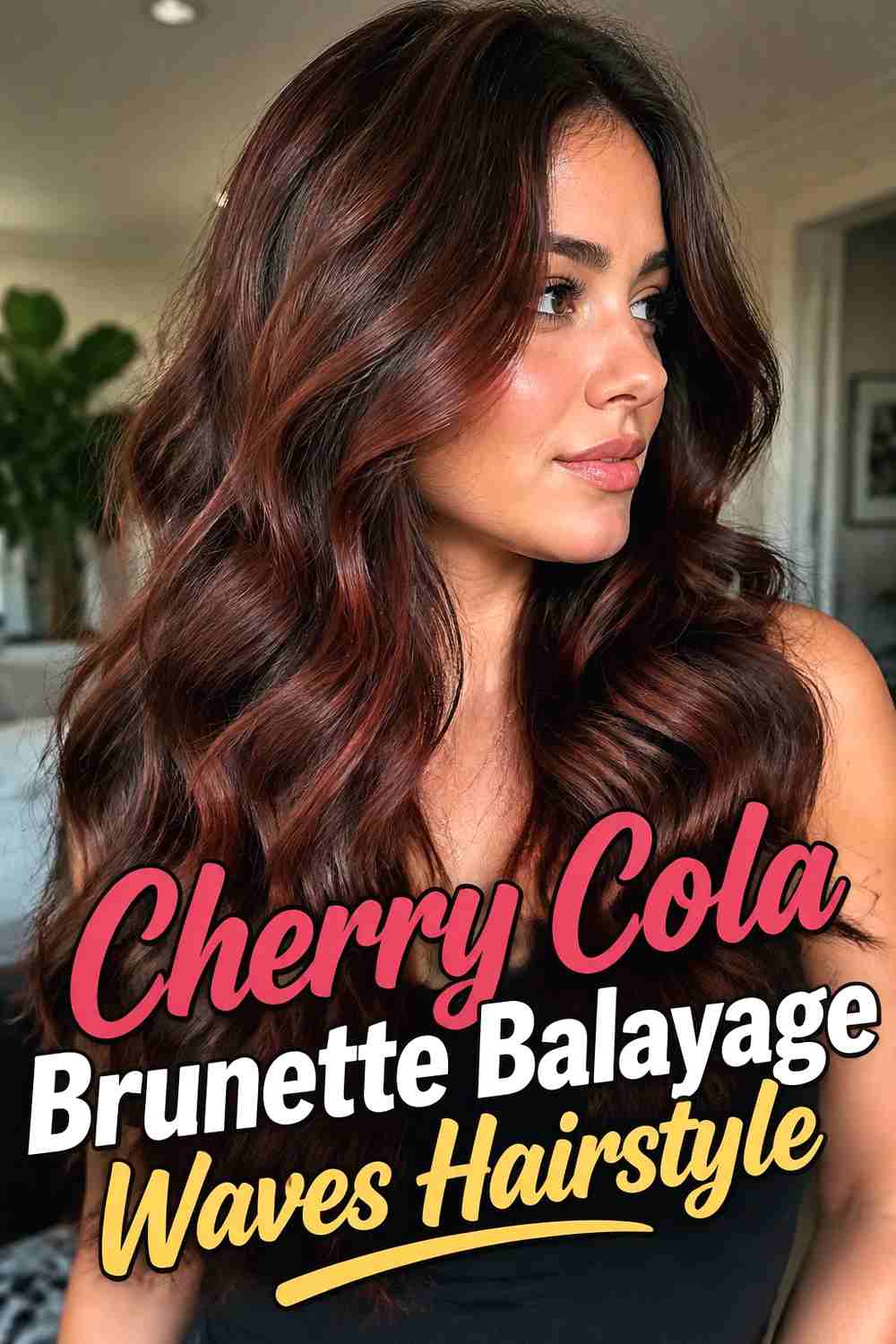 8. Cherry Cola Brunette Balayage Waves Hairstyle