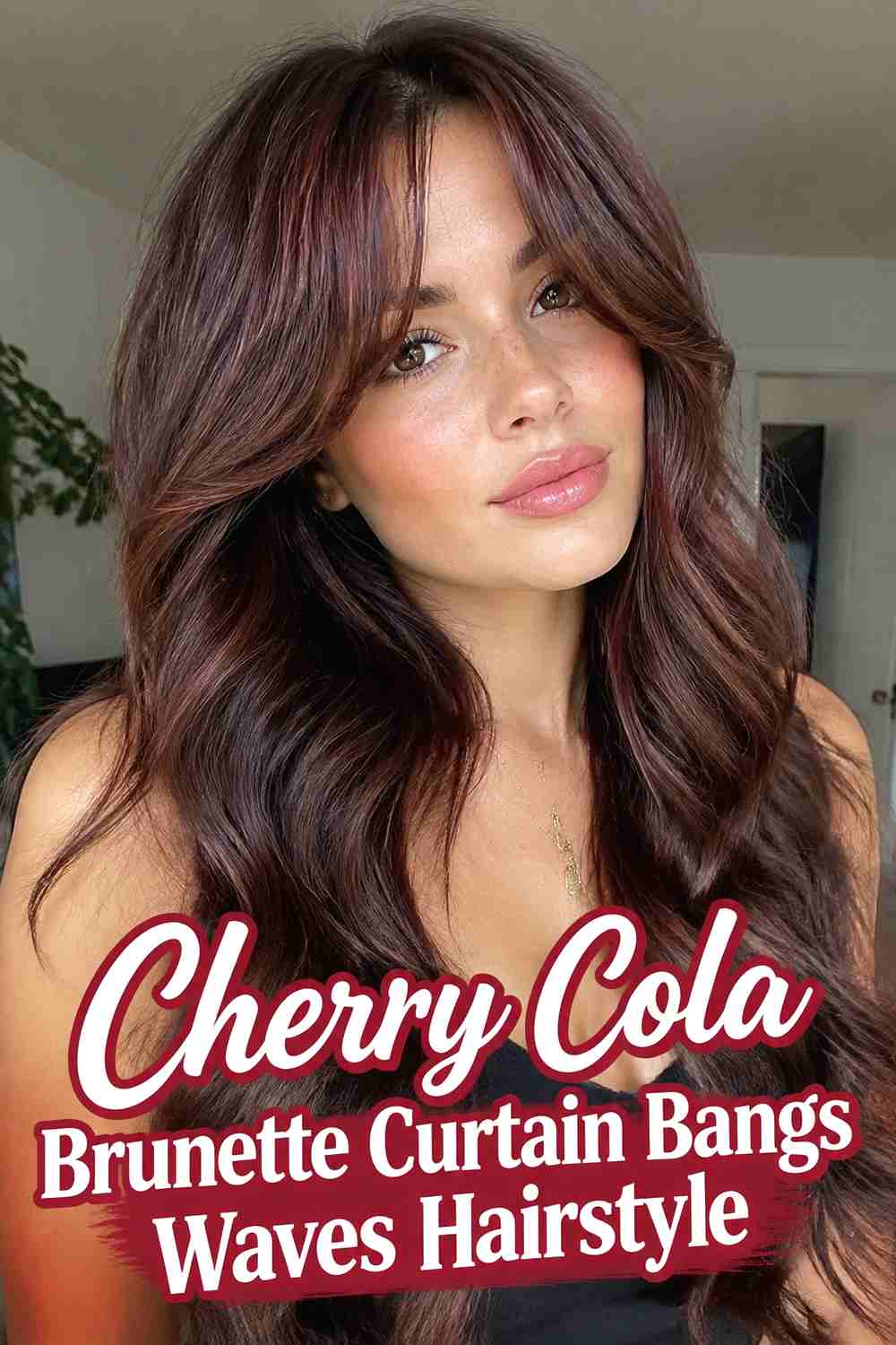 7. Cherry Cola Brunette Curtain Bangs Waves Hairstyle