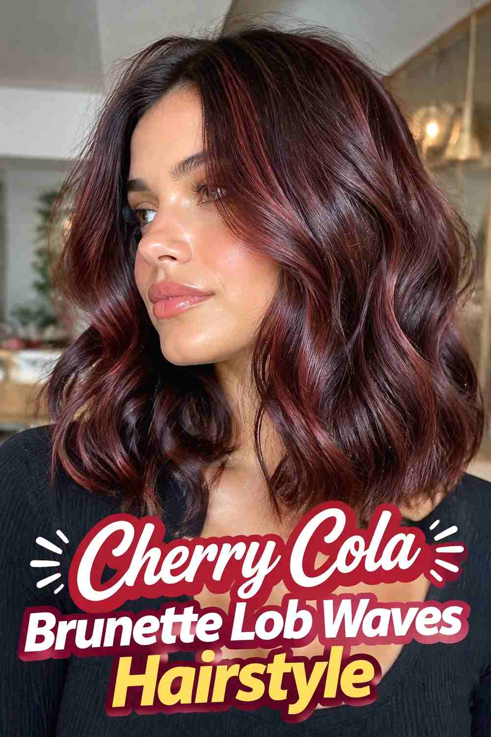 11. Cherry Cola Brunette Lob Waves Hairstyle