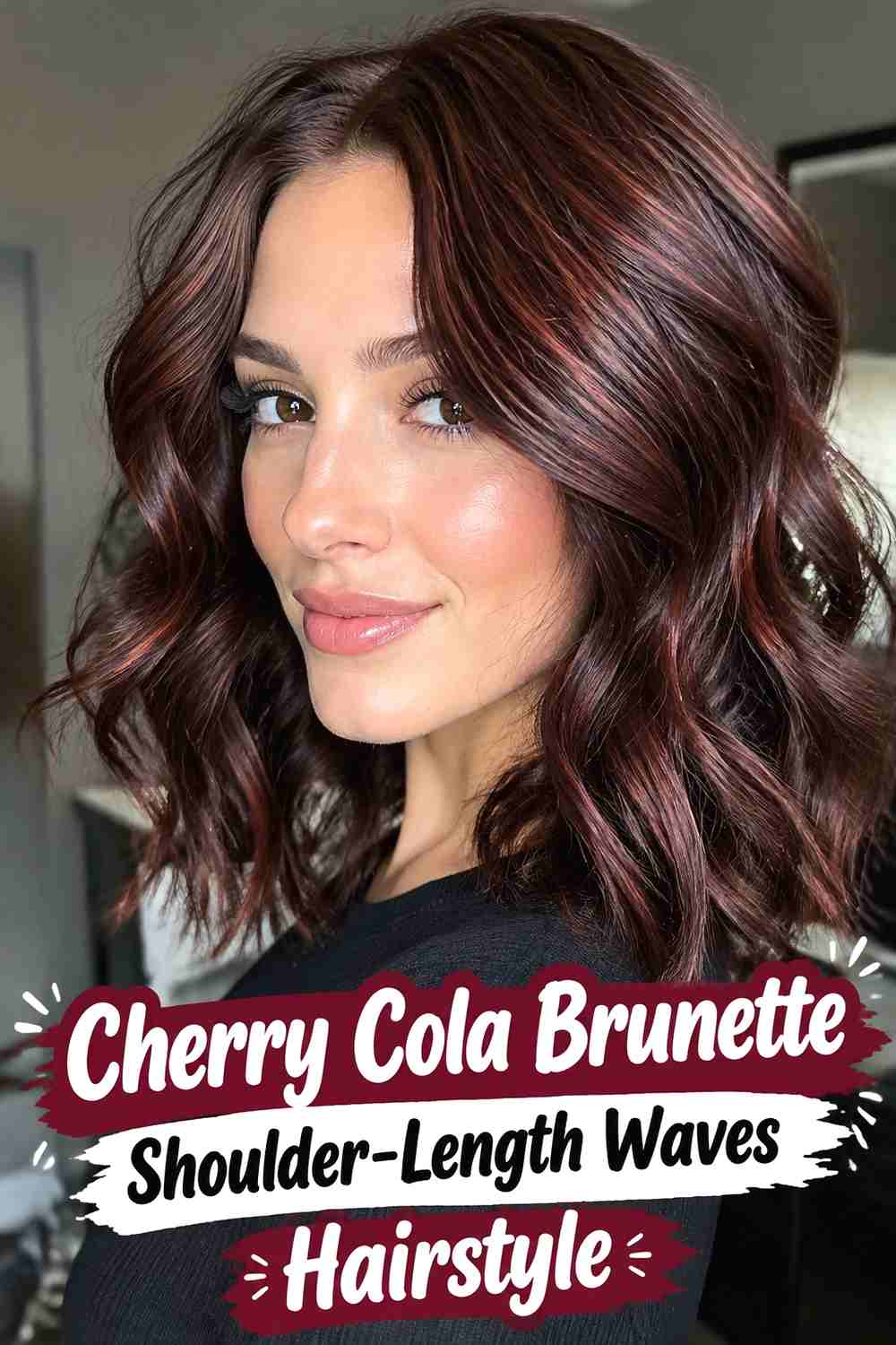 6. Cherry Cola Brunette Shoulder Length Waves Hairstyle