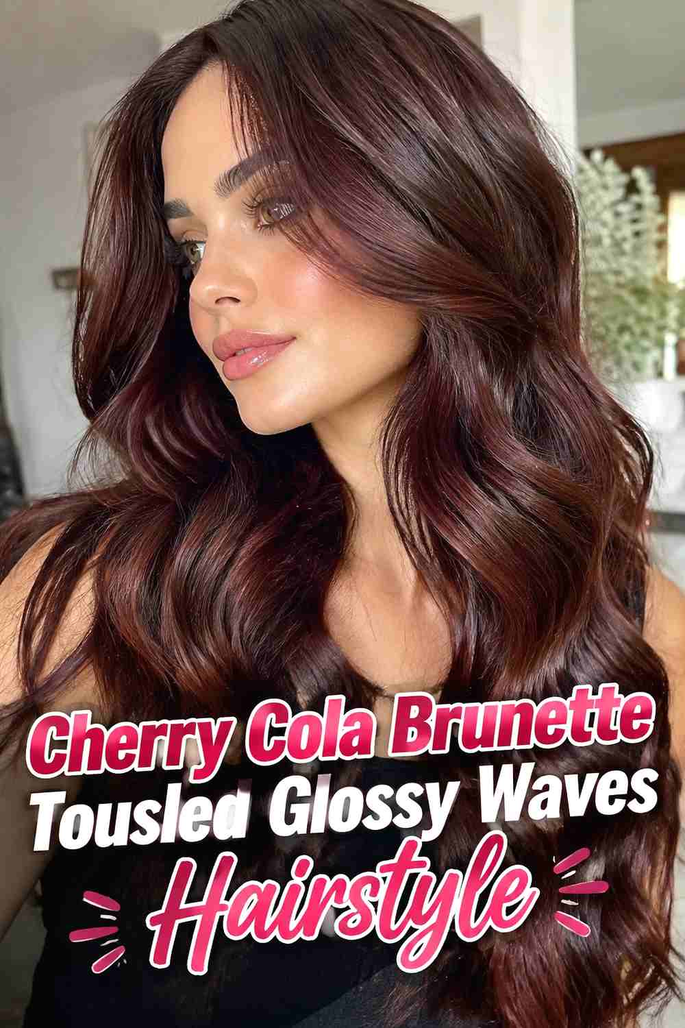 10. Cherry Cola Brunette Tousled Glossy Waves Hairstyle