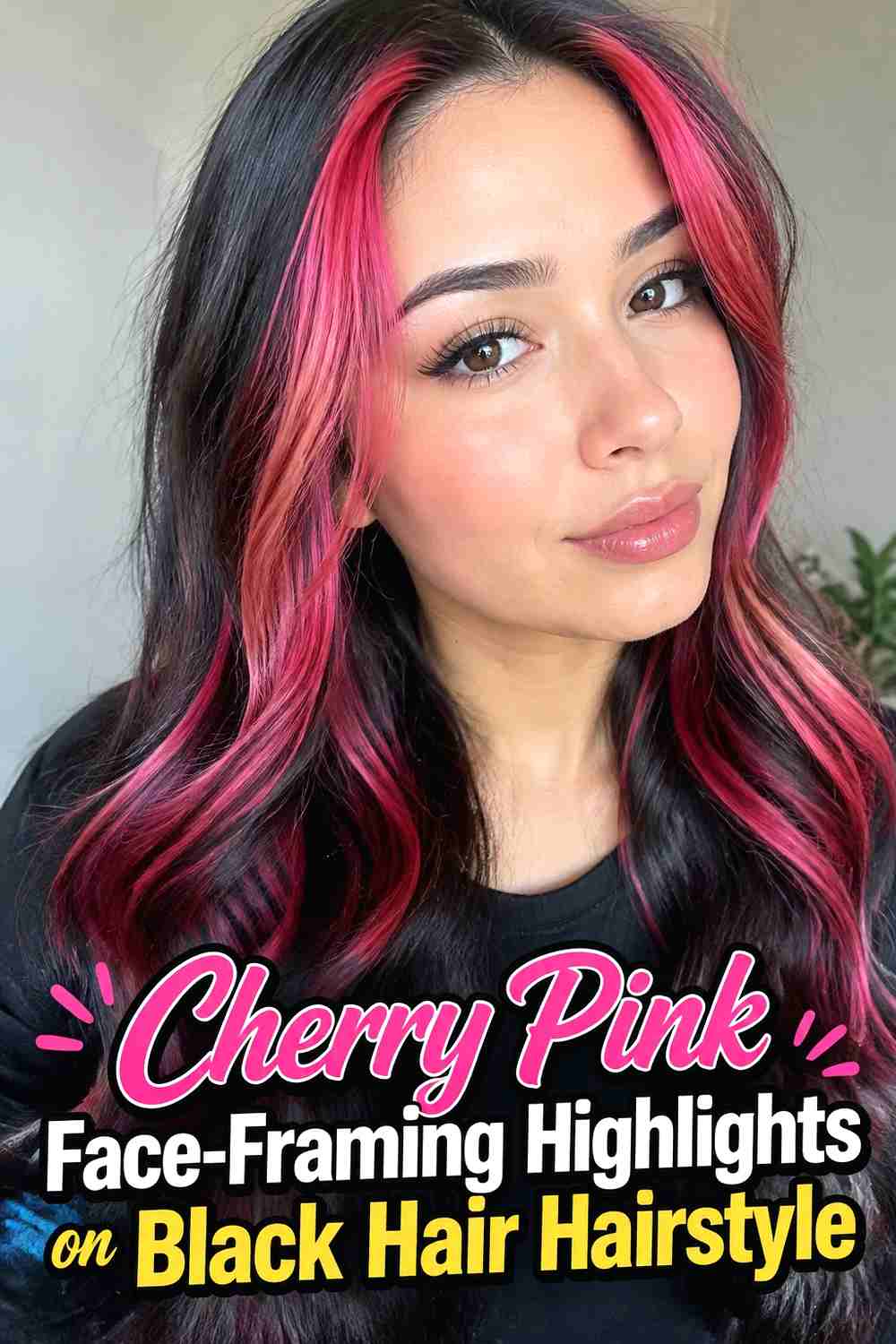 3. Cherry Pink Face Framing Highlights On Black Hair Hairstyle