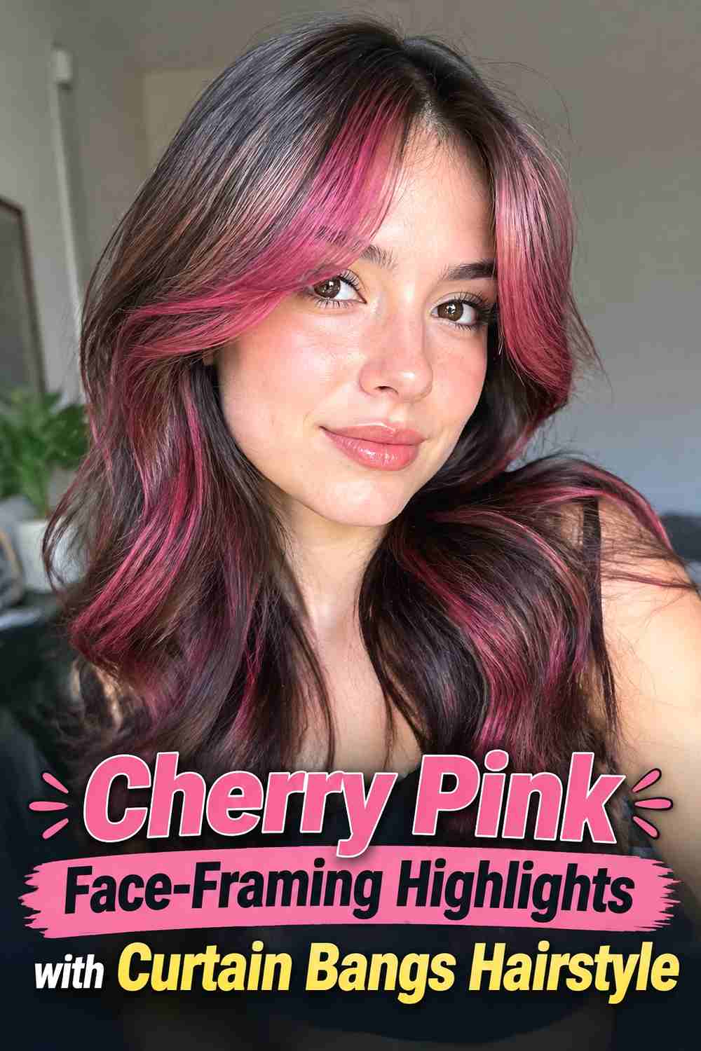 7. Cherry Pink Face Framing Highlights With Curtain Bangs Hairstyle