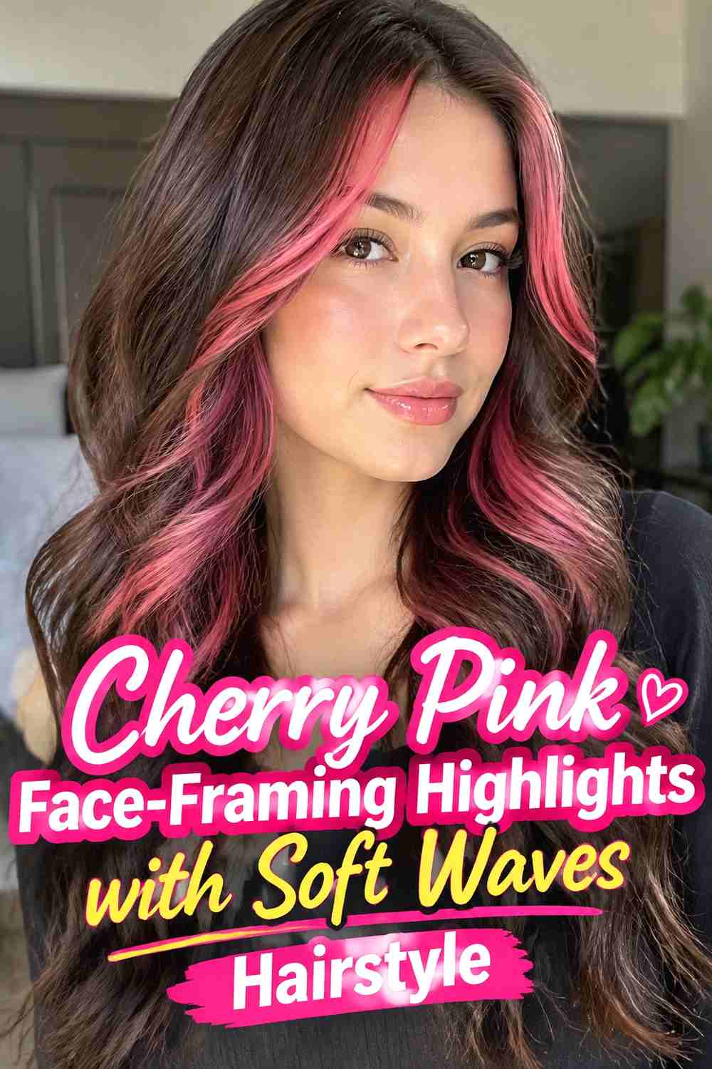 8. Cherry Pink Face Framing Highlights With Soft Waves Hairstyle