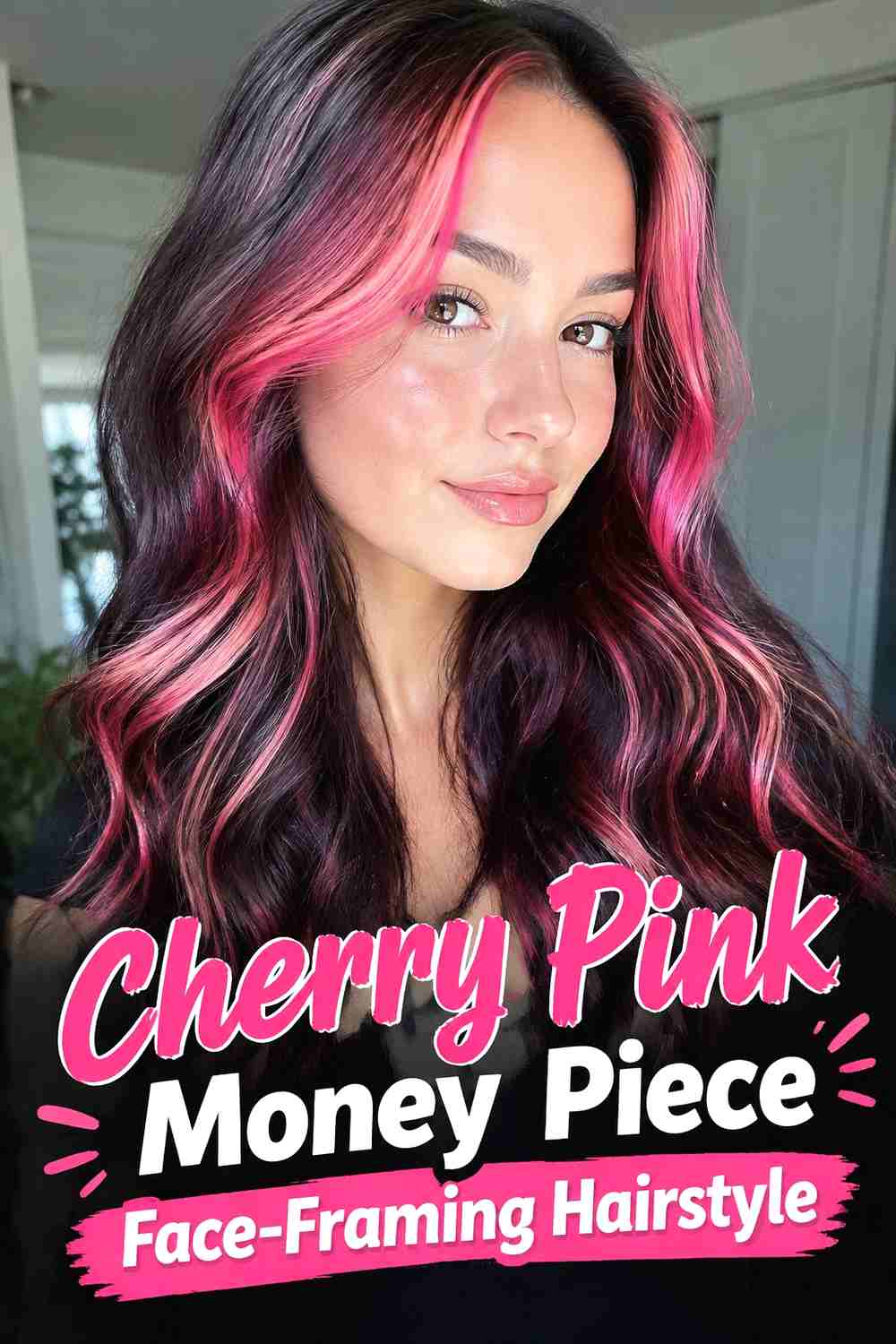 2. Cherry Pink Money Piece Face Framing Hairstyle