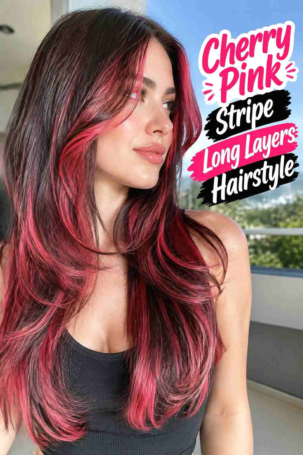 5. Cherry Pink Stripe Long Layers Hairstyle