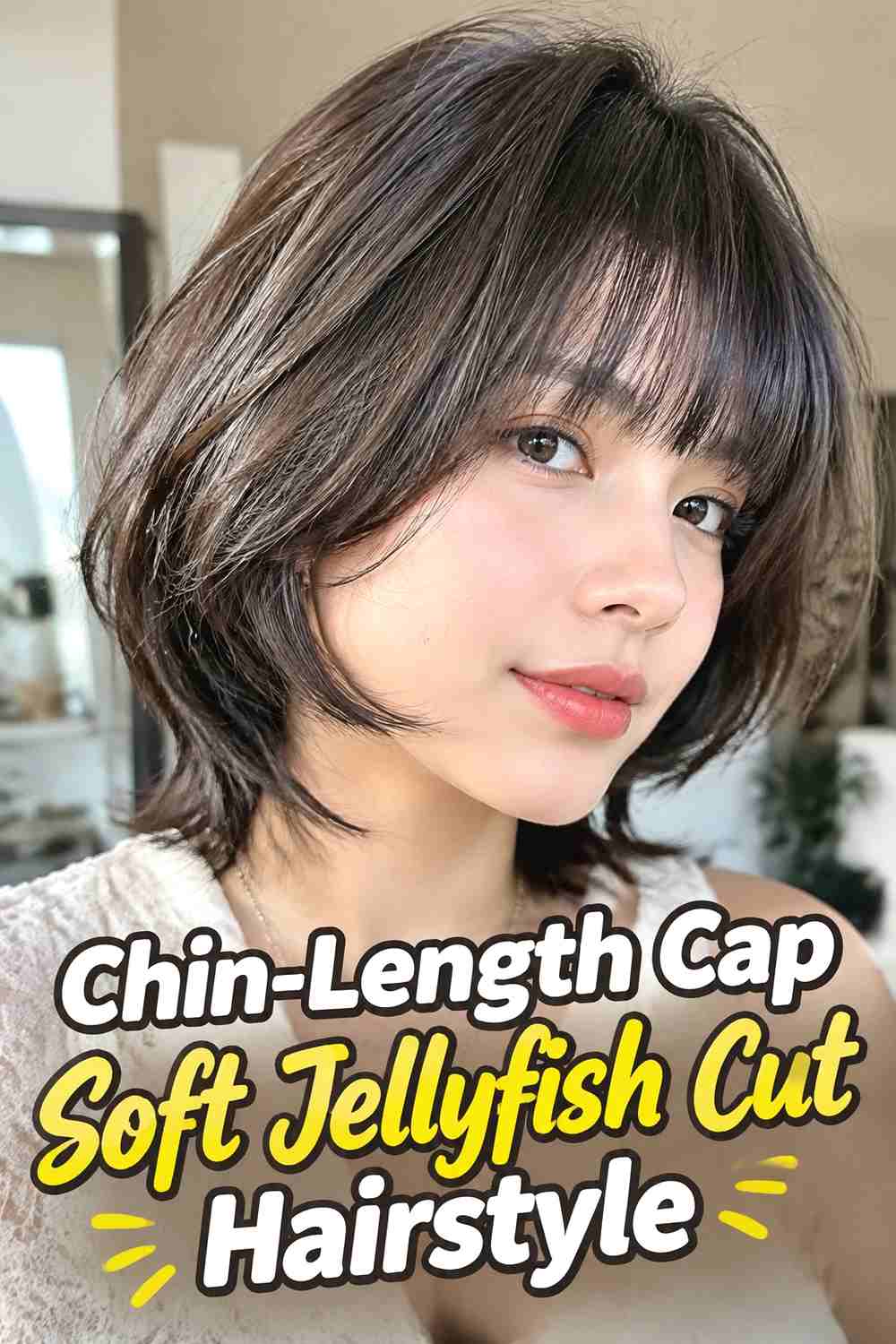 2. Chin Length Cap Soft Jellyfish Cut Hairstyle