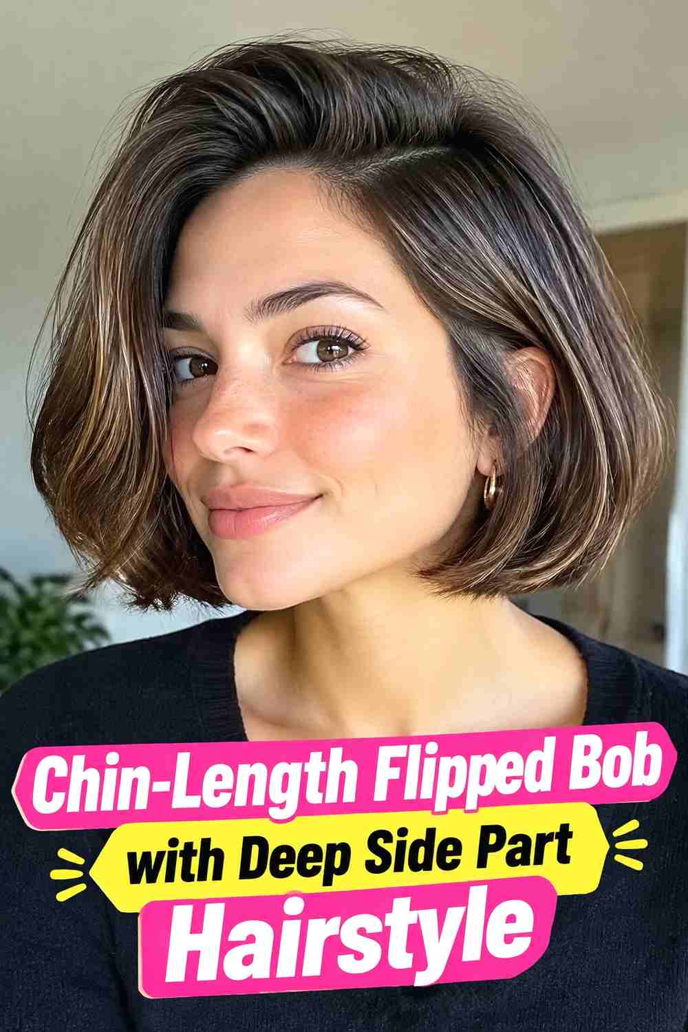 3. Chin Length Flipped Bob With Deep Side Part Hairstyle