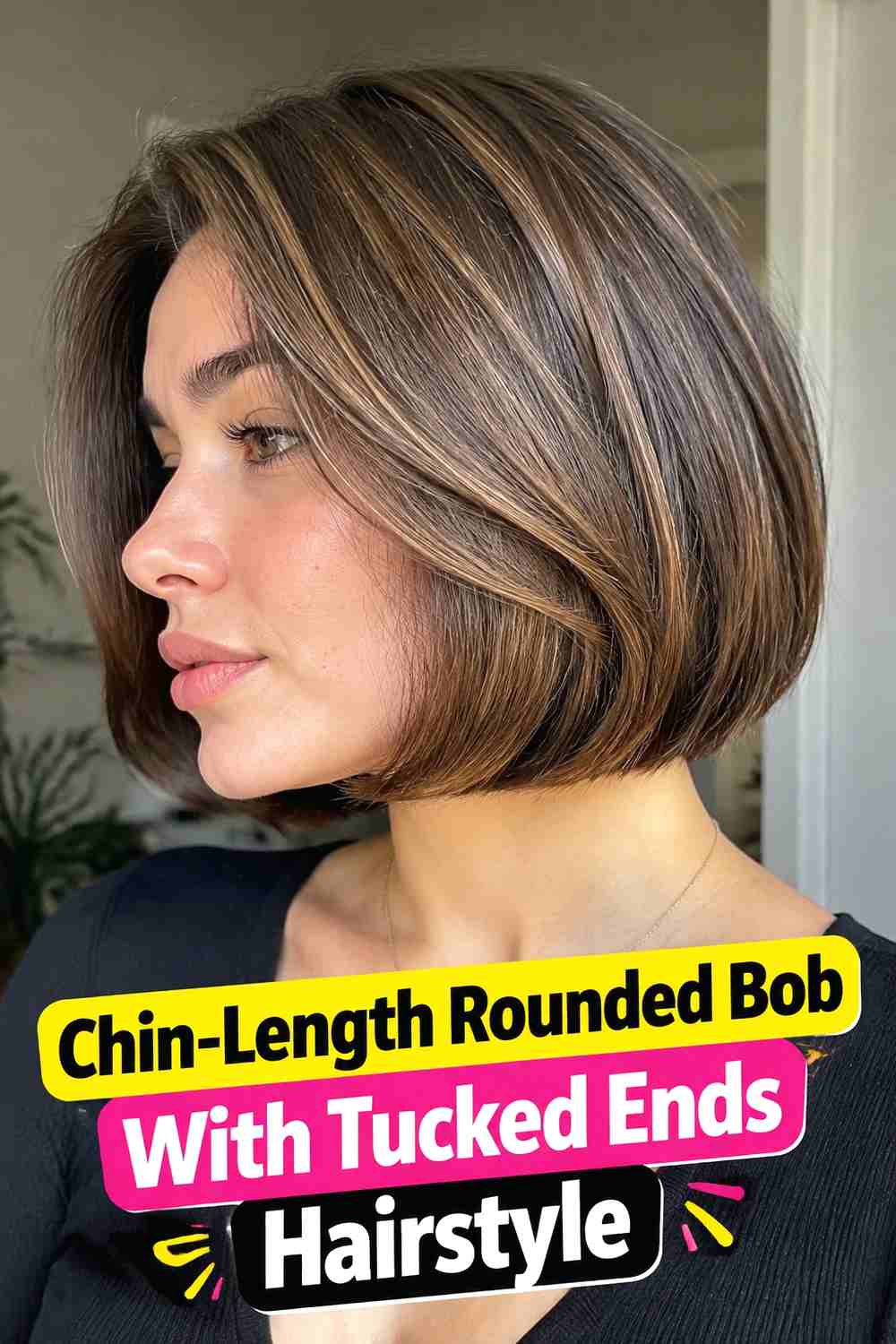 2. Chin Length Rounded Bob With Tucked Ends Hairstyle