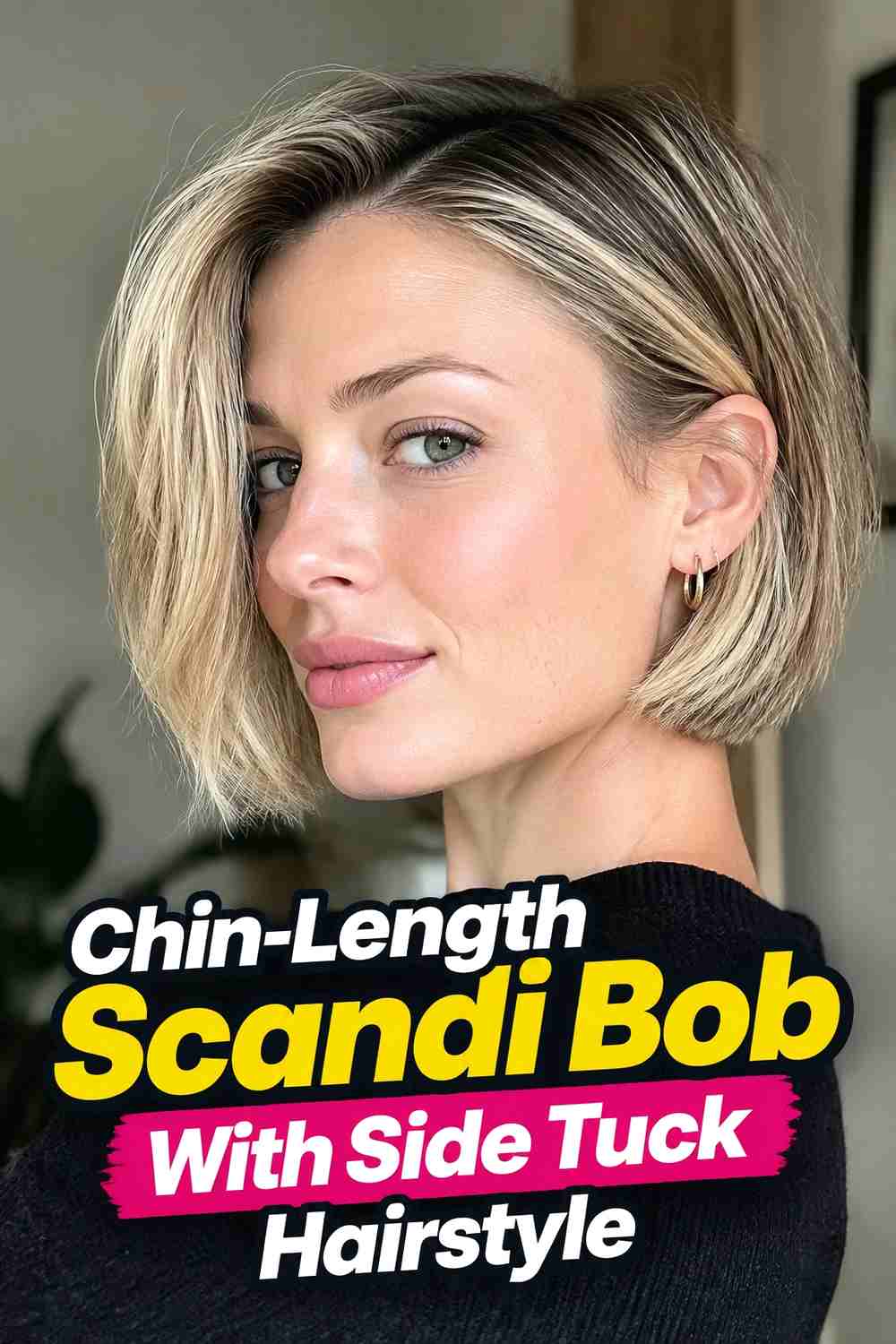 3. Chin Length Scandi Bob With Side Tuck Hairstyle