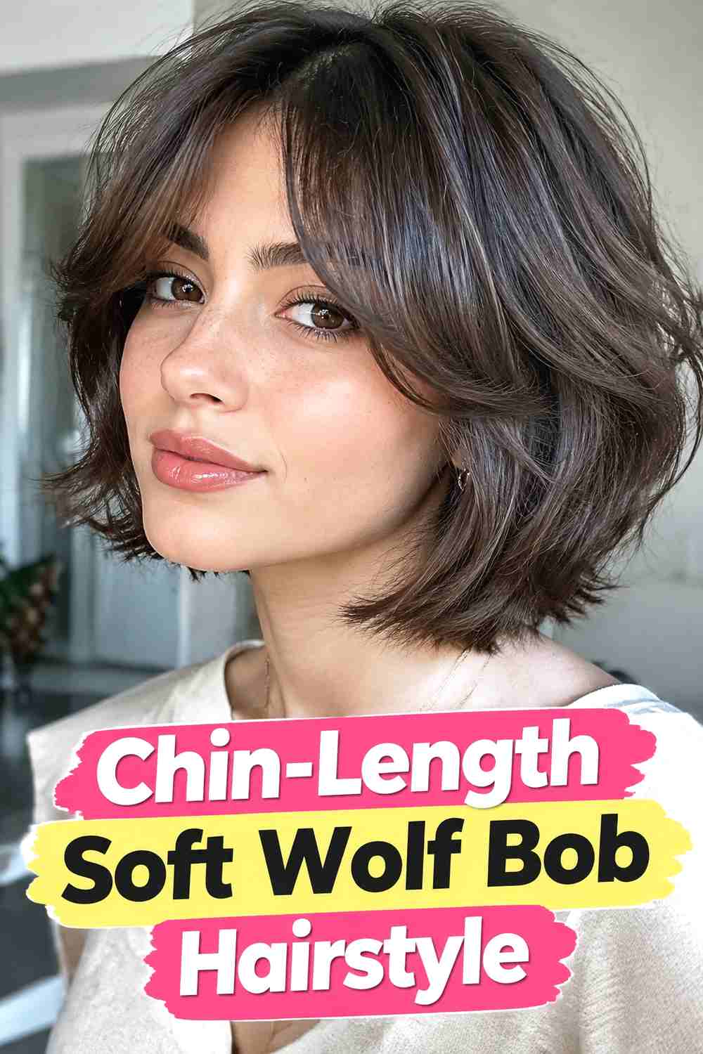 9. Chin Length Soft Wolf Bob Hairstyle