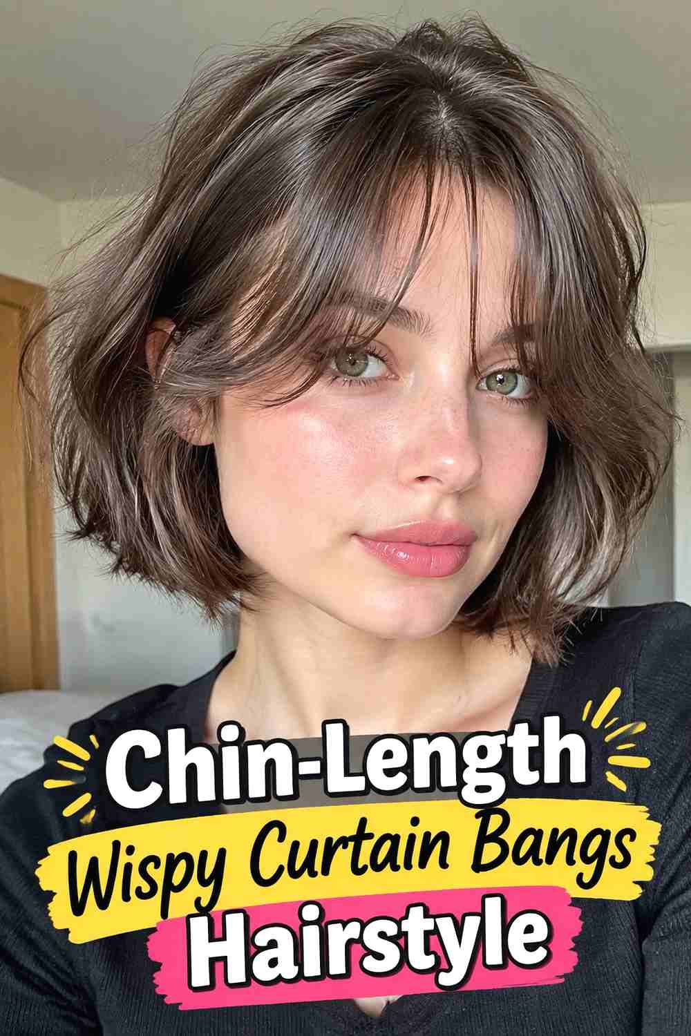 15. Chin Length Wispy Curtain Bangs Hairstyle