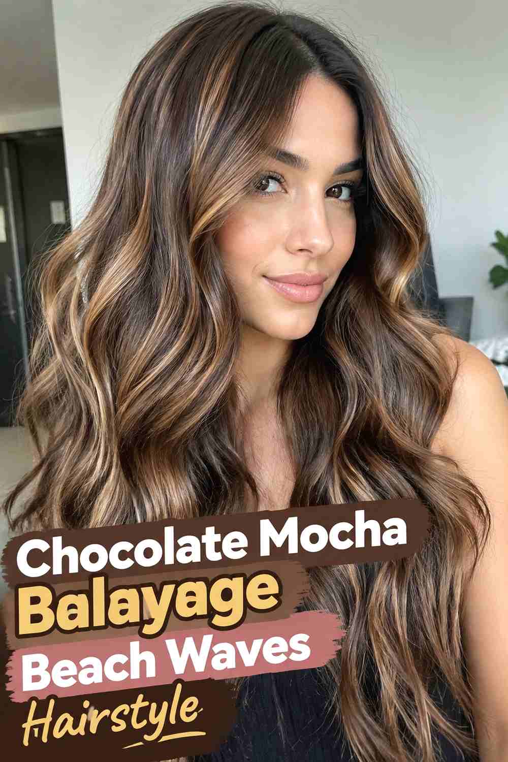 9. Chocolate Mocha Balayage Beach Waves Hairstyle