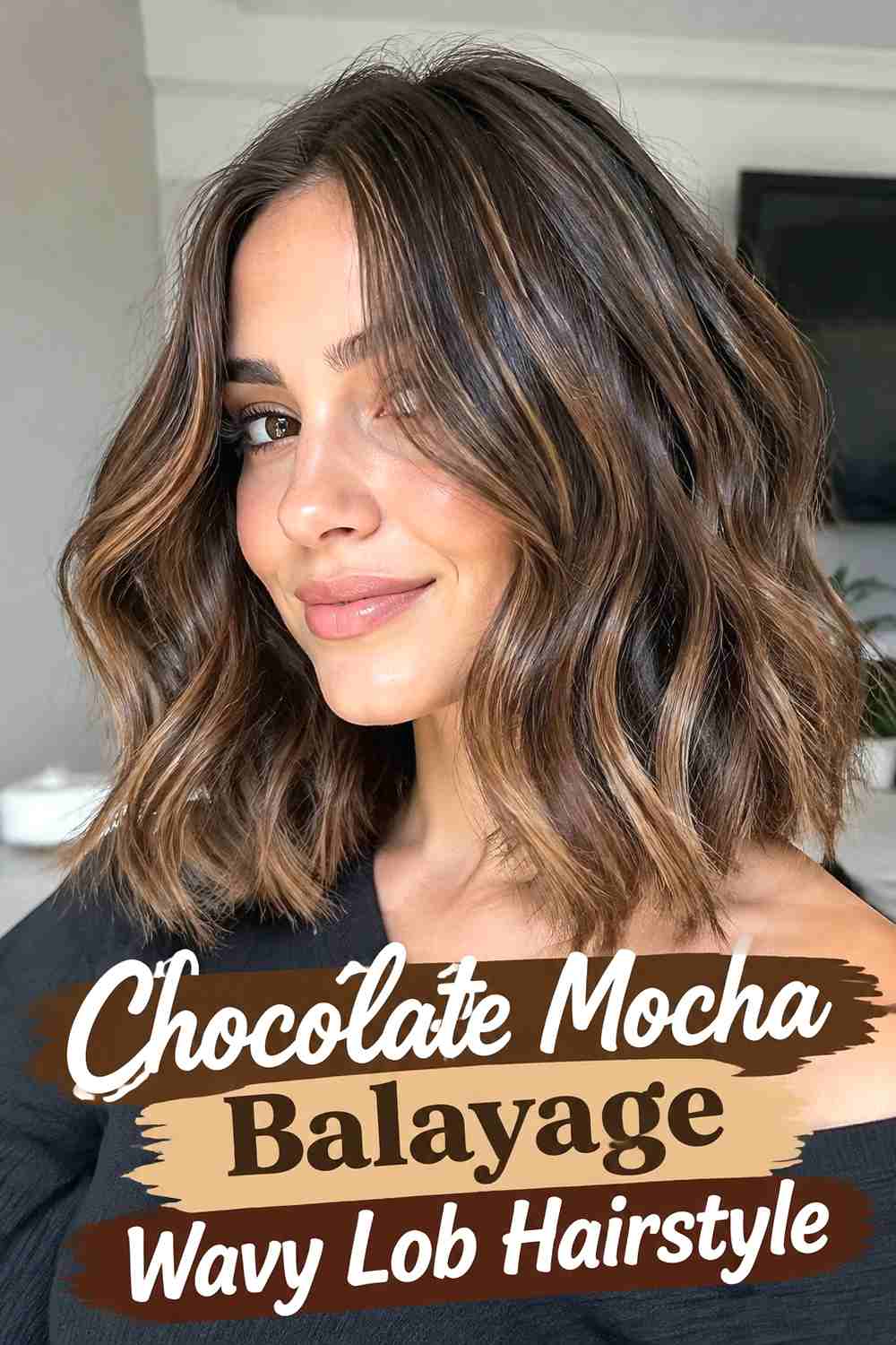 7. Chocolate Mocha Balayage Wavy Lob Hairstyle