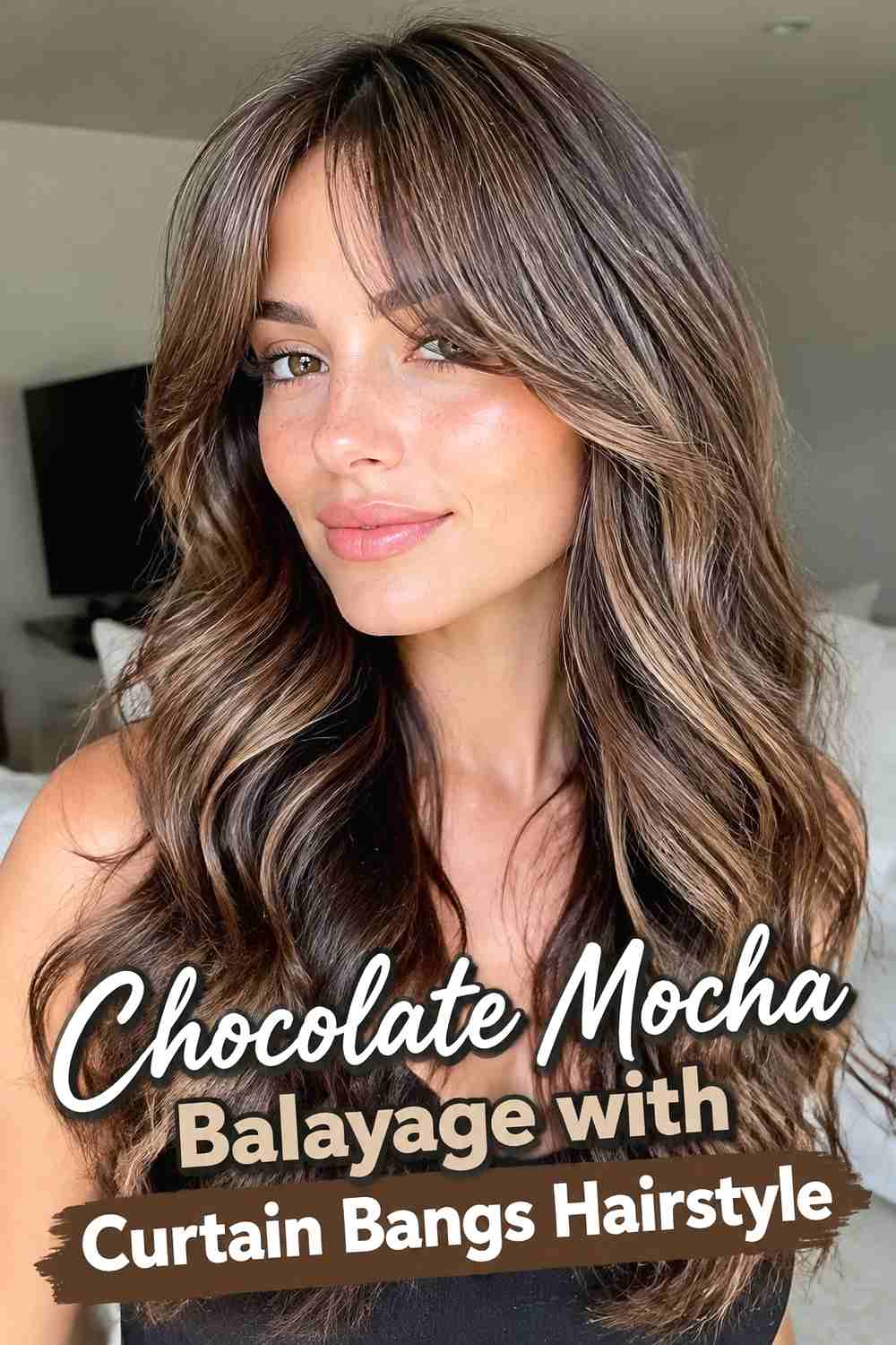 8. Chocolate Mocha Balayage With Curtain Bangs Hairstyle